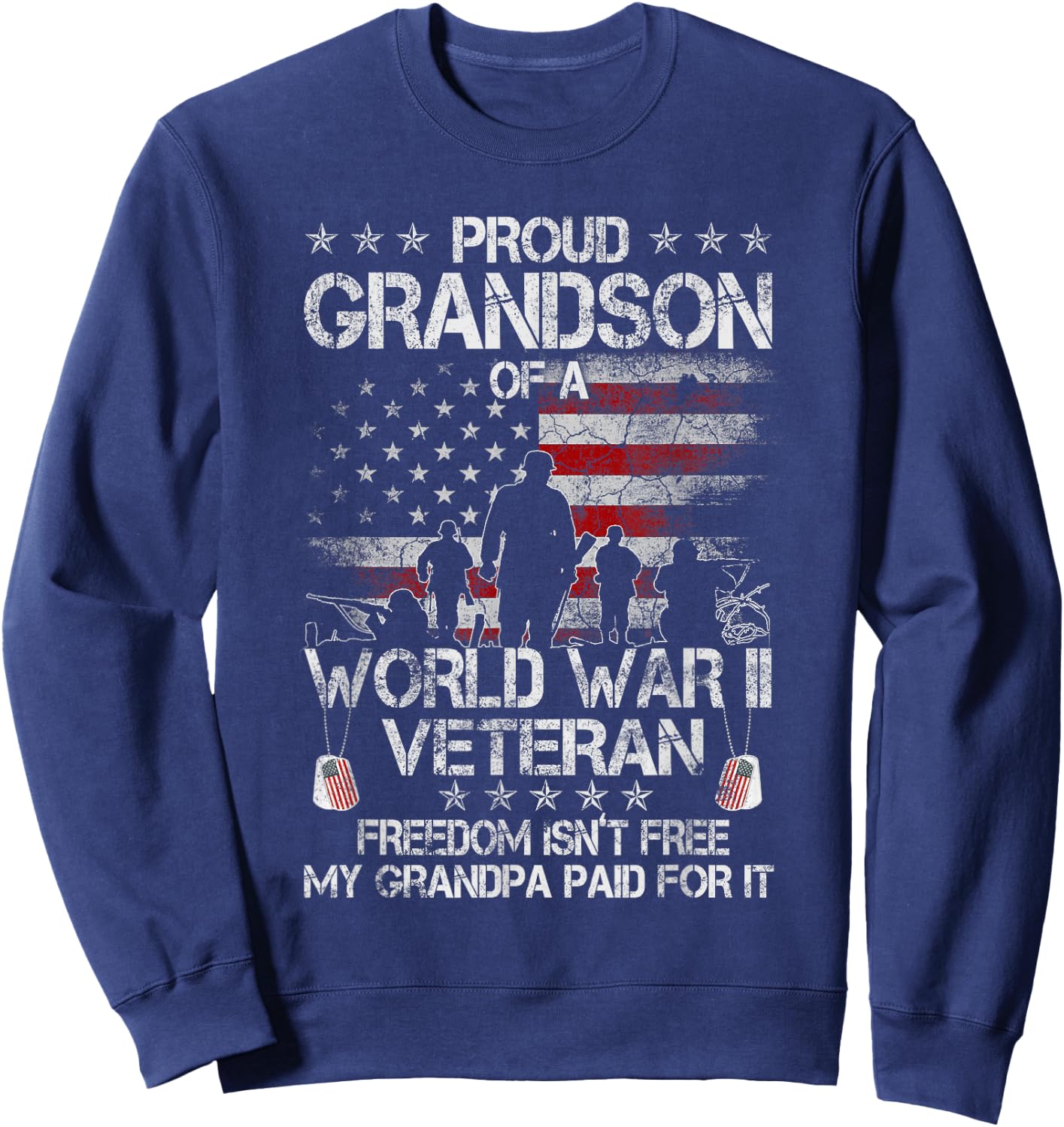 Proud Grandson Of WWII Veteran US Flag Vintage Veteran Day Sweatshirt - Sweatshirt | Navy