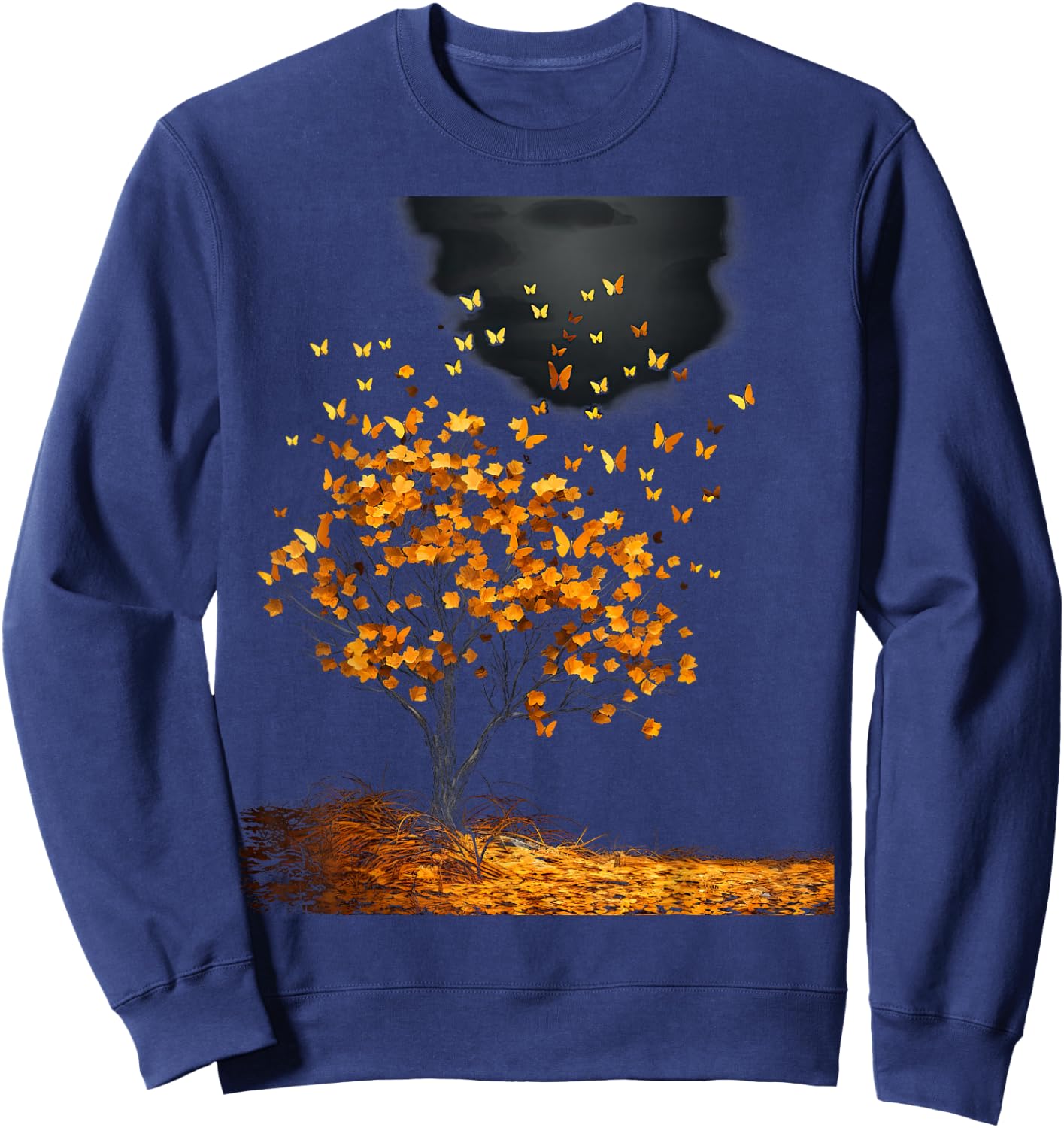 Fall Autumn falling leaves with Tree and Butterfly Sweatshirt - Sweatshirt | Navy