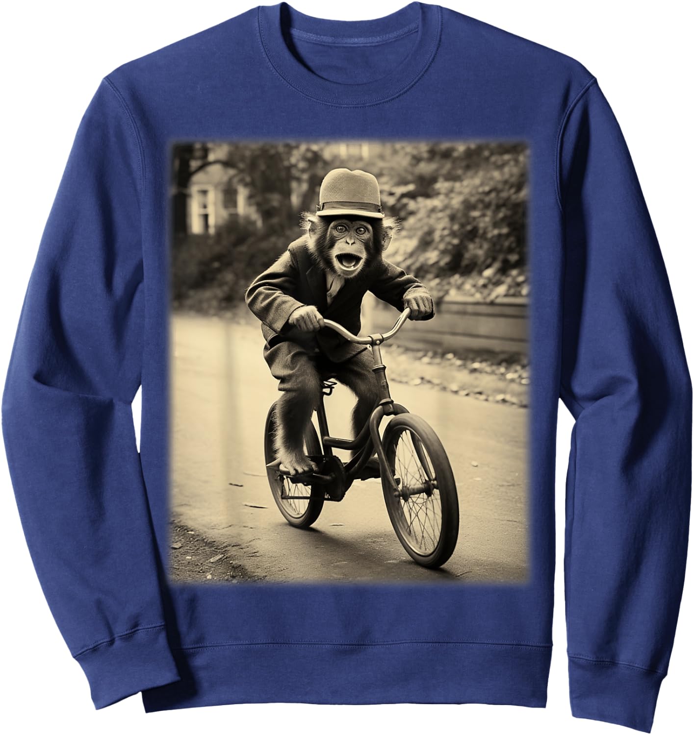 Funny Cute Monkey Chimp Riding Vintage Bicycle Men Woman Sweatshirt - Sweatshirt | Navy