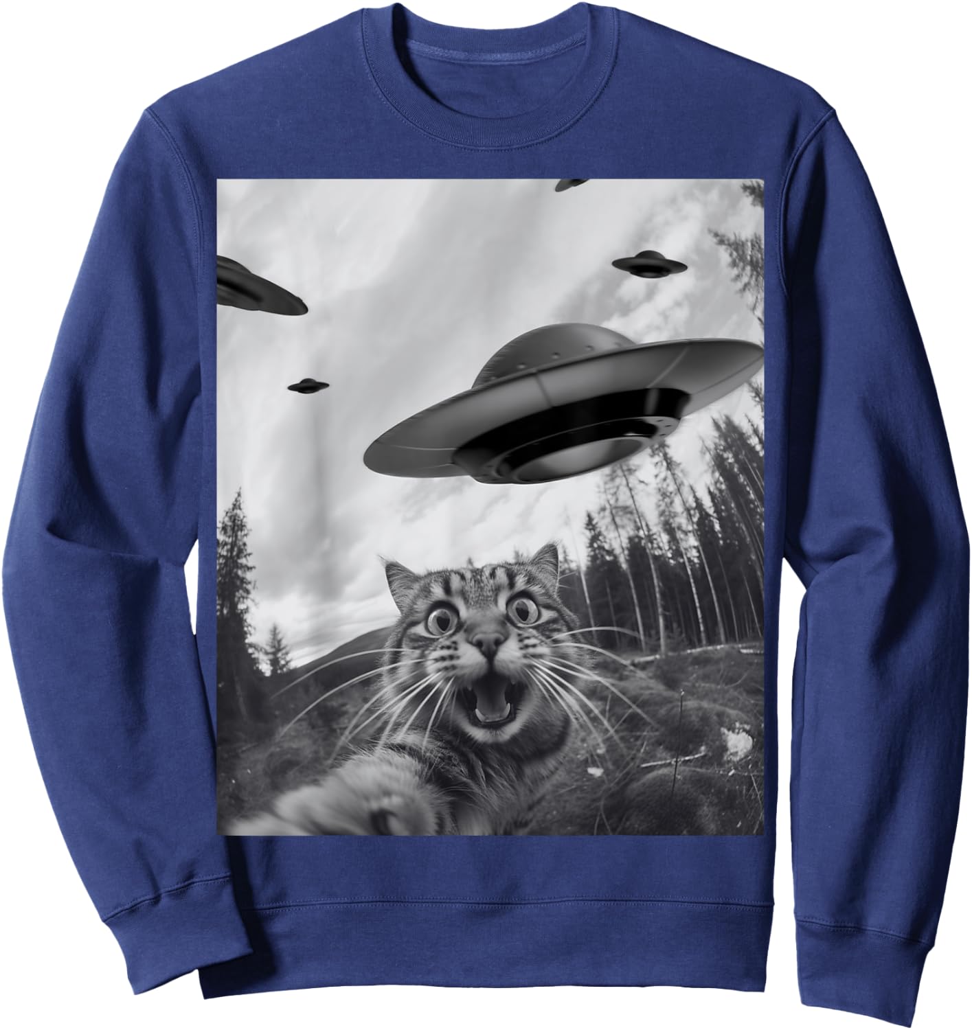 Funny Cat Selfie with Alien UFO Sweatshirt - Sweatshirt | Navy