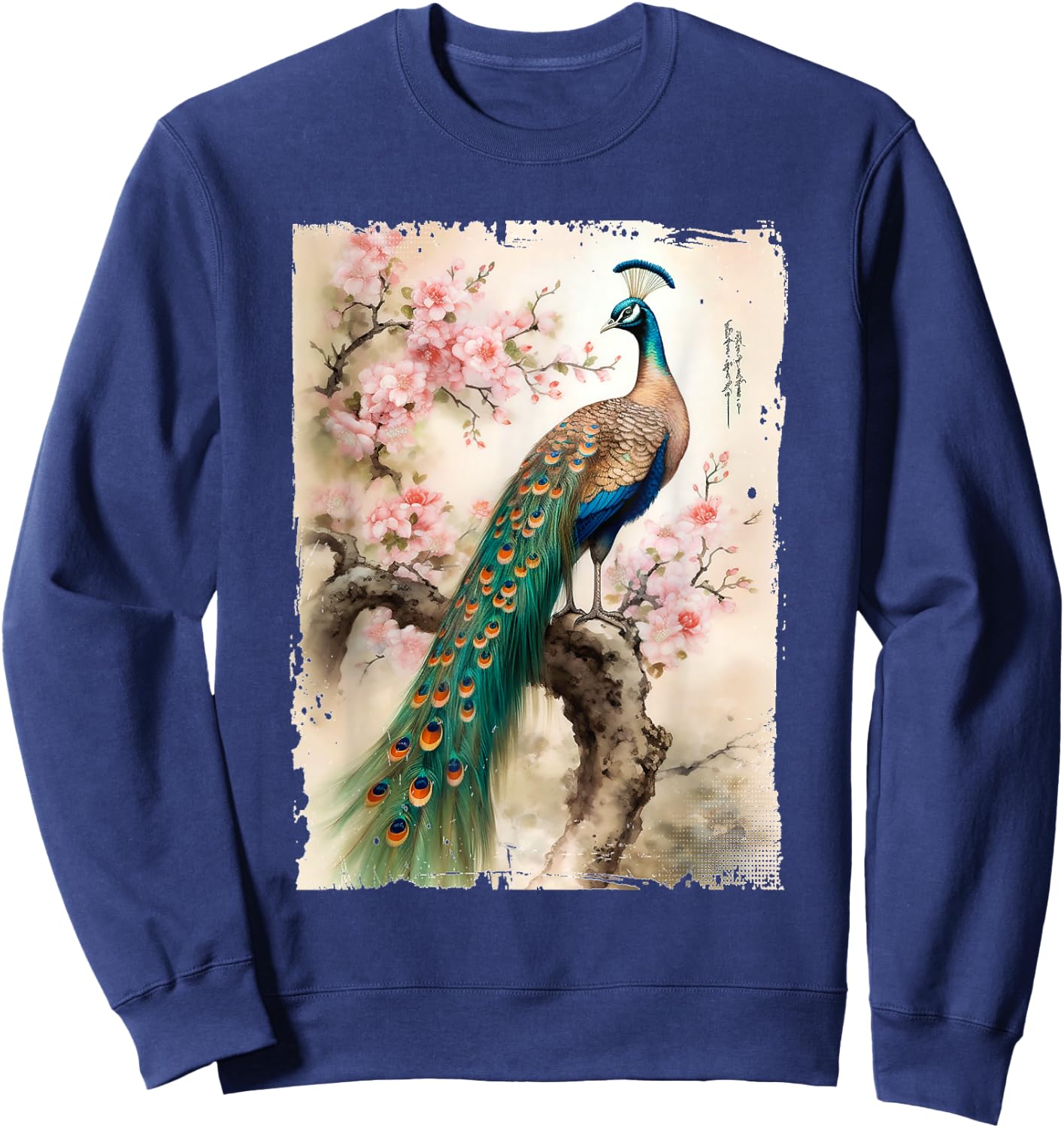 Beautiful Peacock Japanese Cherry Blossom Art Sweatshirt - Sweatshirt | Navy