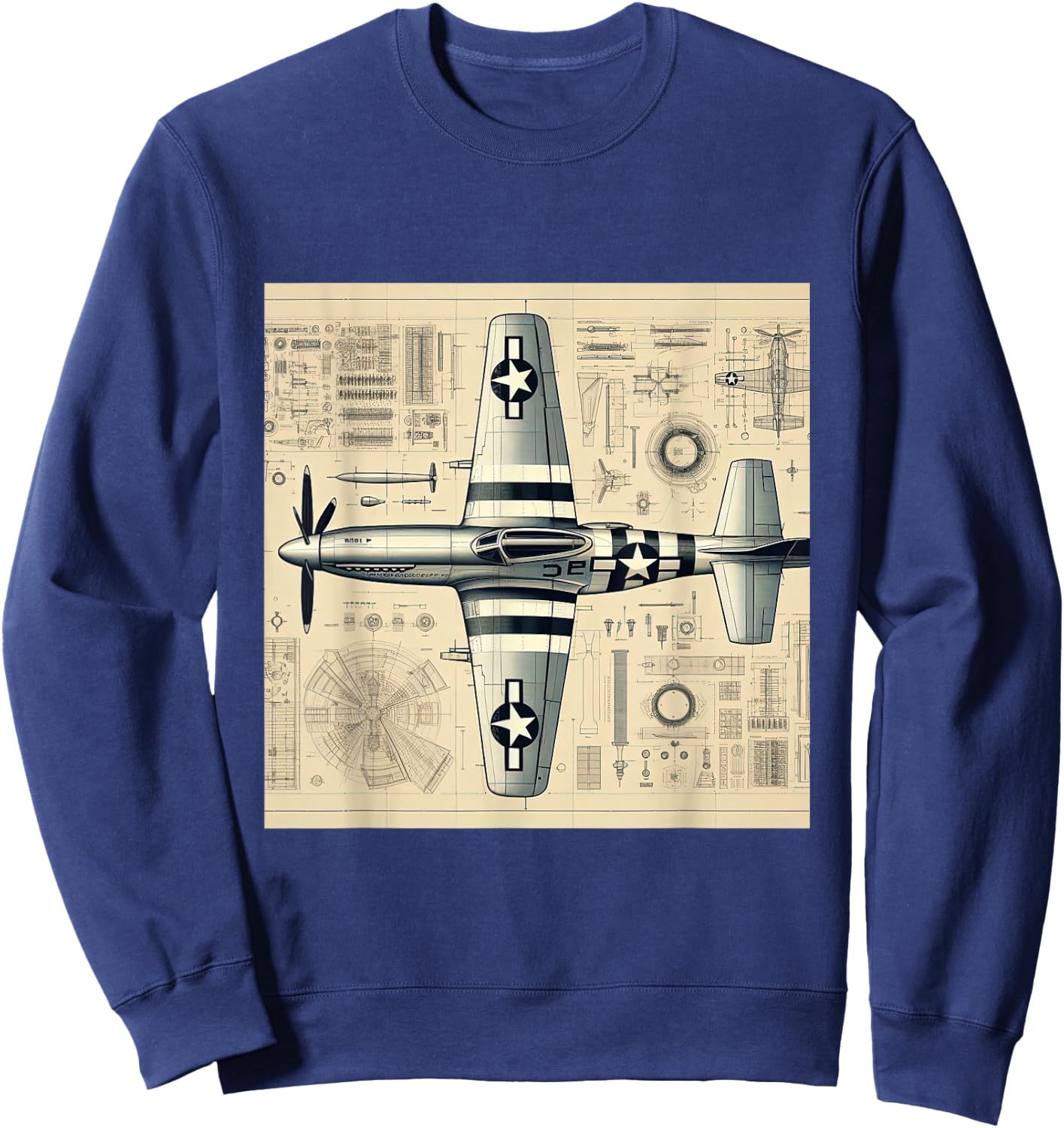 WW2 Warplane P51 Mustang Assembly Parts Blueprint Sweatshirt - Sweatshirt | Navy