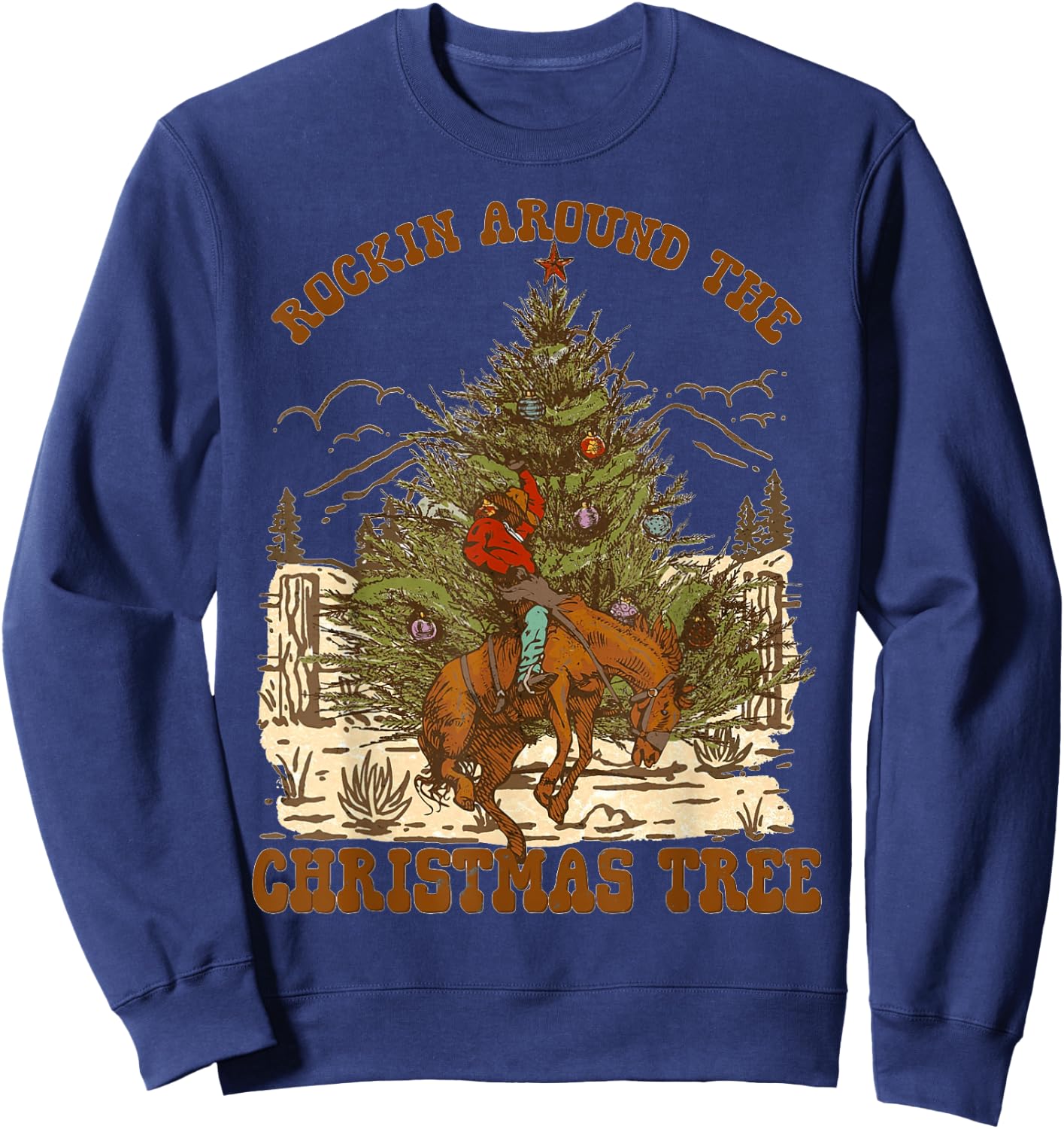 Rockin' Around Christmas Cowboy Tree Santa Ride Horse Pajama Sweatshirt - Sweatshirt | Navy