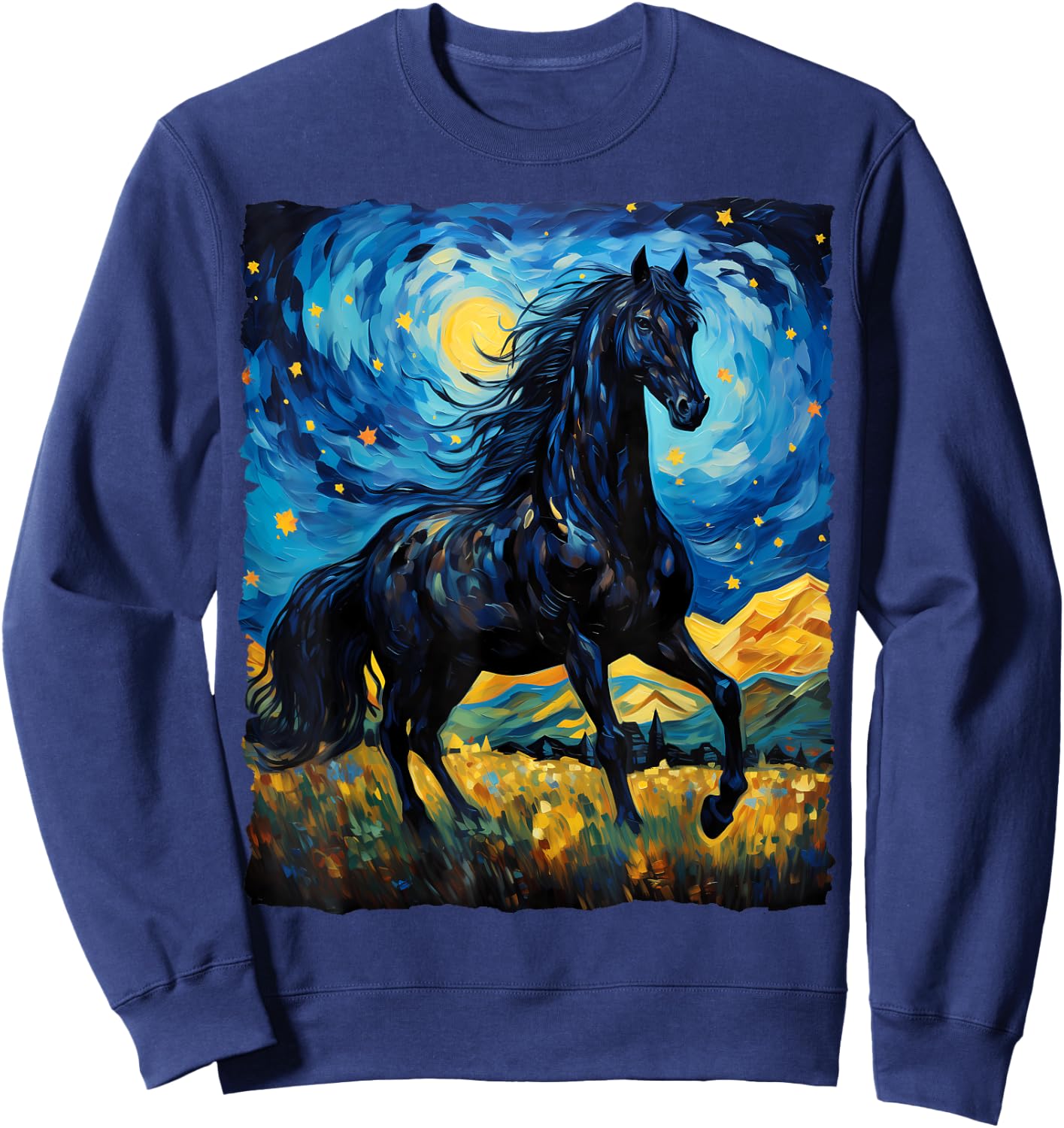 Black Horse Van Gogh Starry Night Painting Wild Animal Lover Sweatshirt - Sweatshirt | Navy