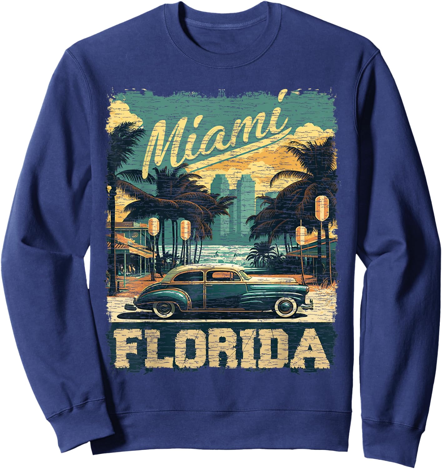 Vintage Miami Vibes Retro Florida Sweatshirt - Sweatshirt | Navy
