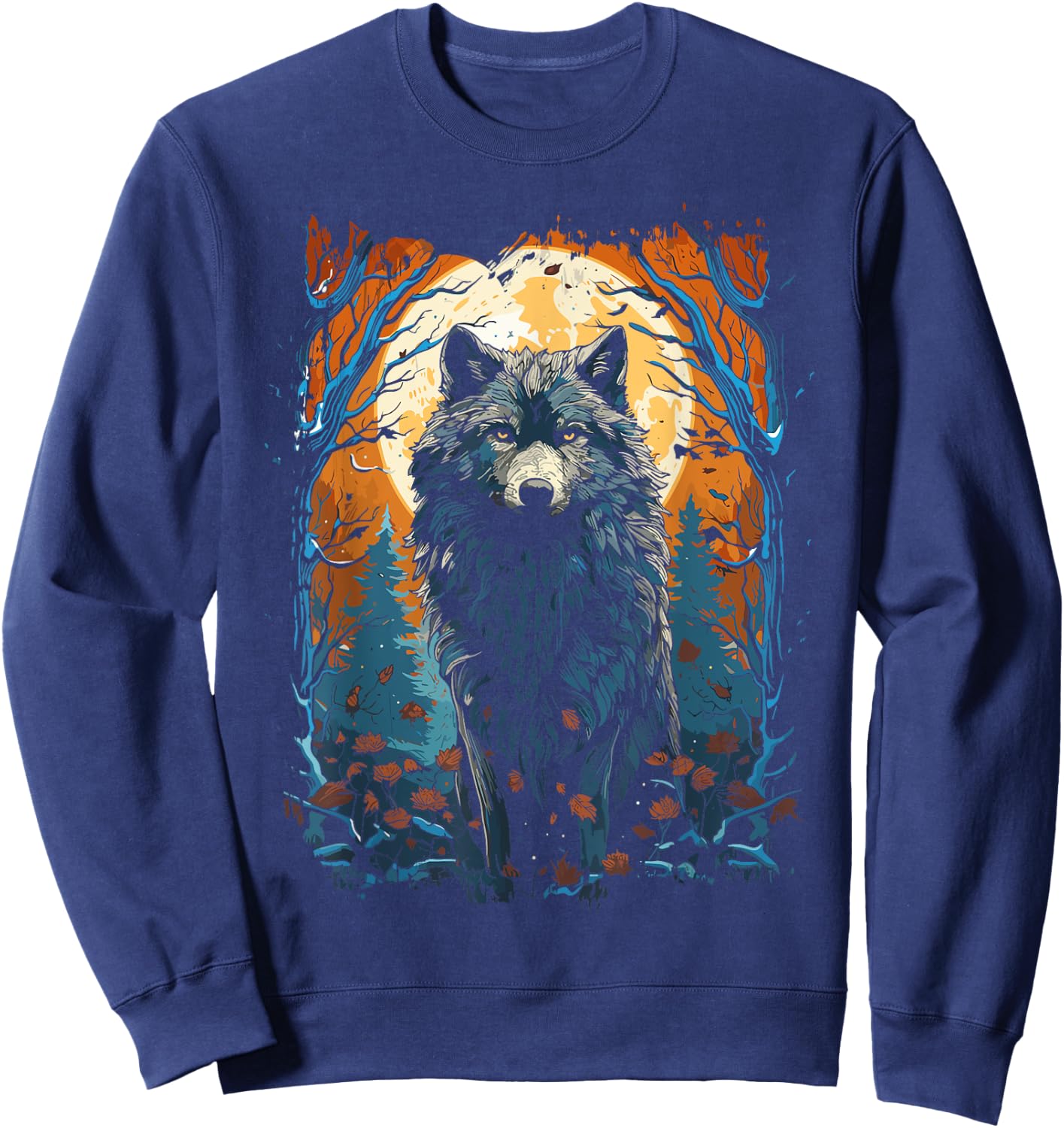 Wolf and Moon, Forest, Nature Art Women, Men Sweatshirt - Sweatshirt | Navy