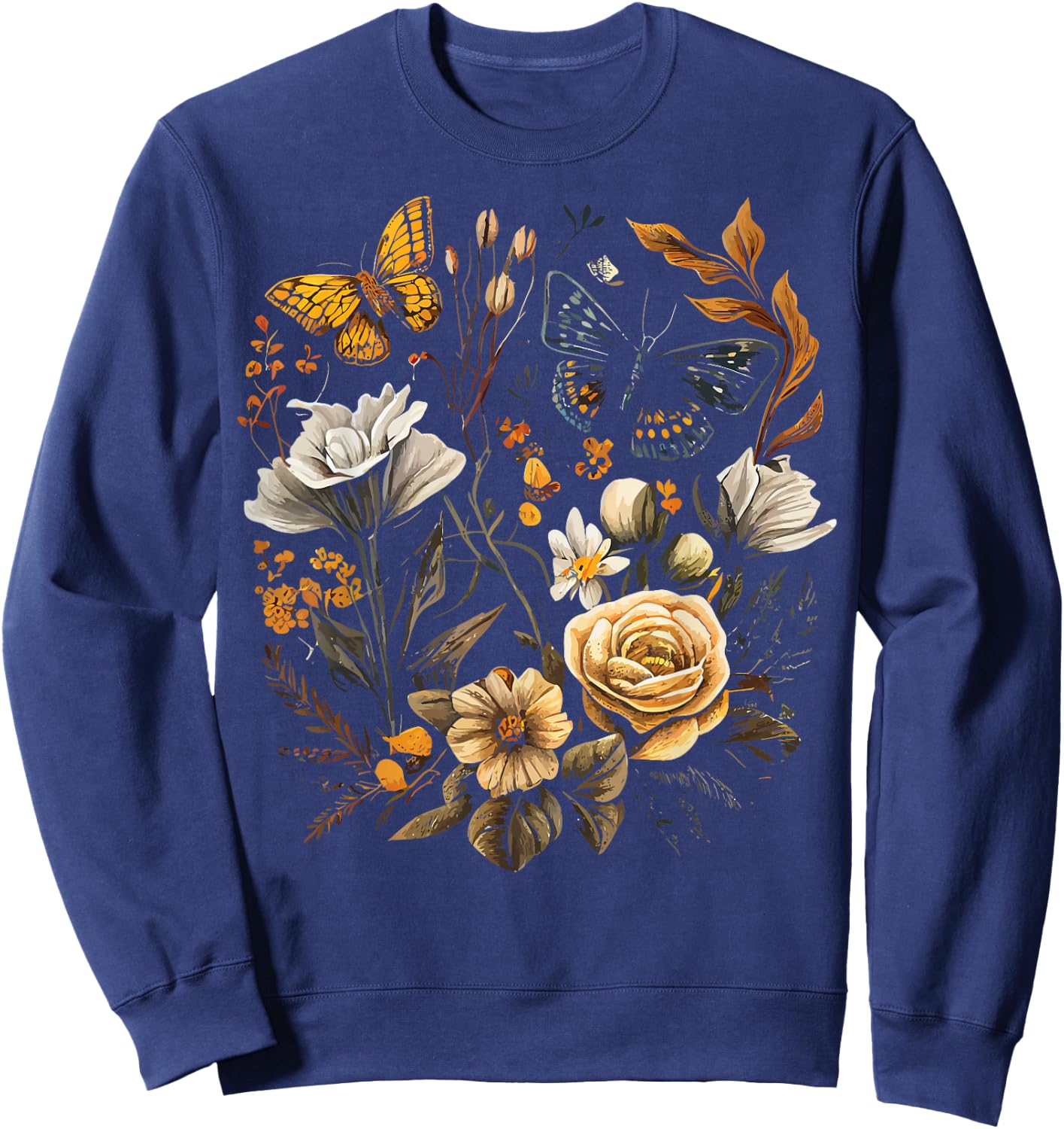 Vintage Pressed Flowers Butterflies Floral Boho Wildflowers Sweatshirt - Sweatshirt | Navy