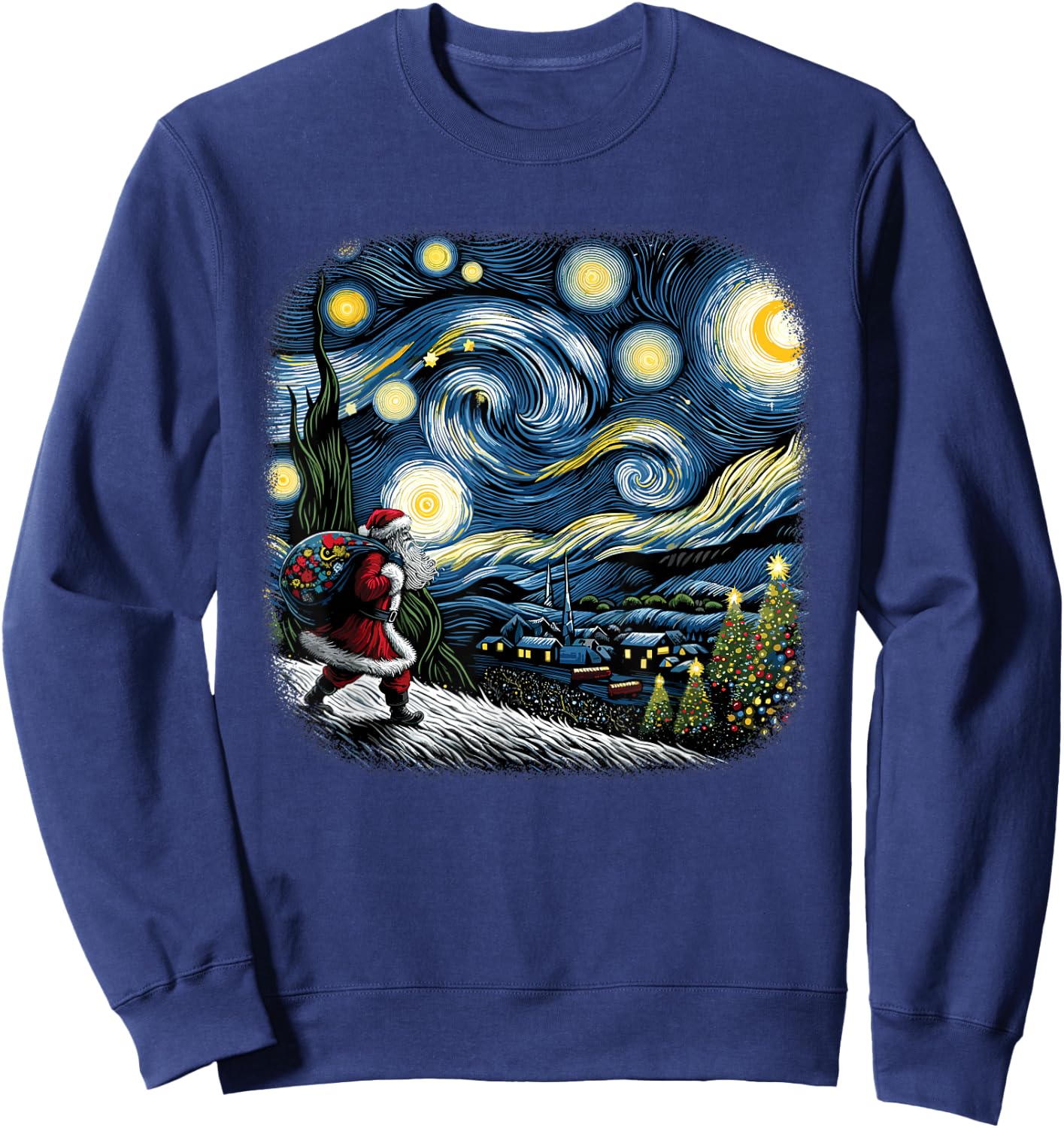 Van Gogh Starry Night Santa Christmas Winter Snowy Night Sweatshirt - Sweatshirt | Navy
