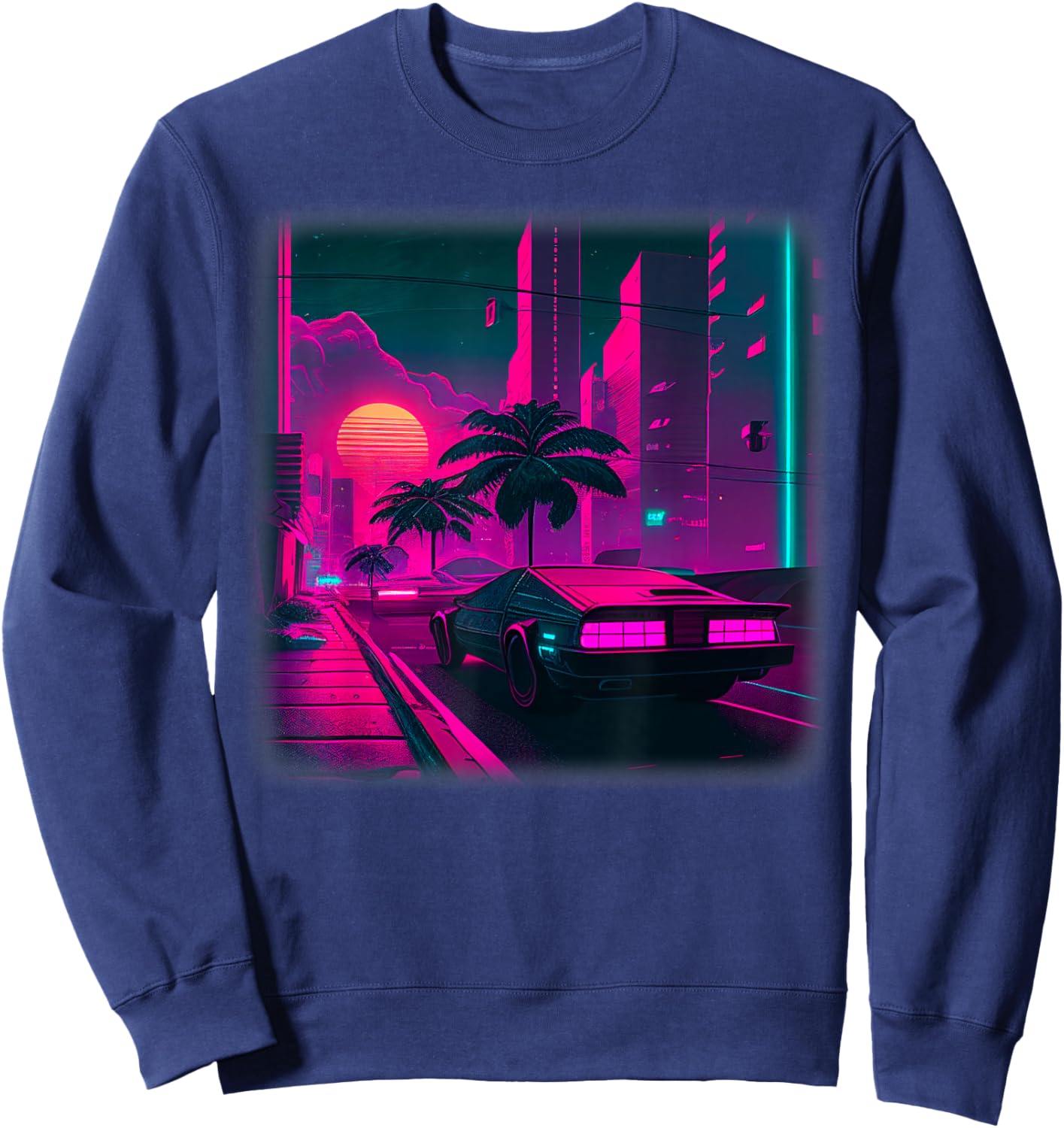 Synthwave Vaporwave Sunset Palm Trees 80s 90s Illustration Sweatshirt - Sweatshirt | Navy