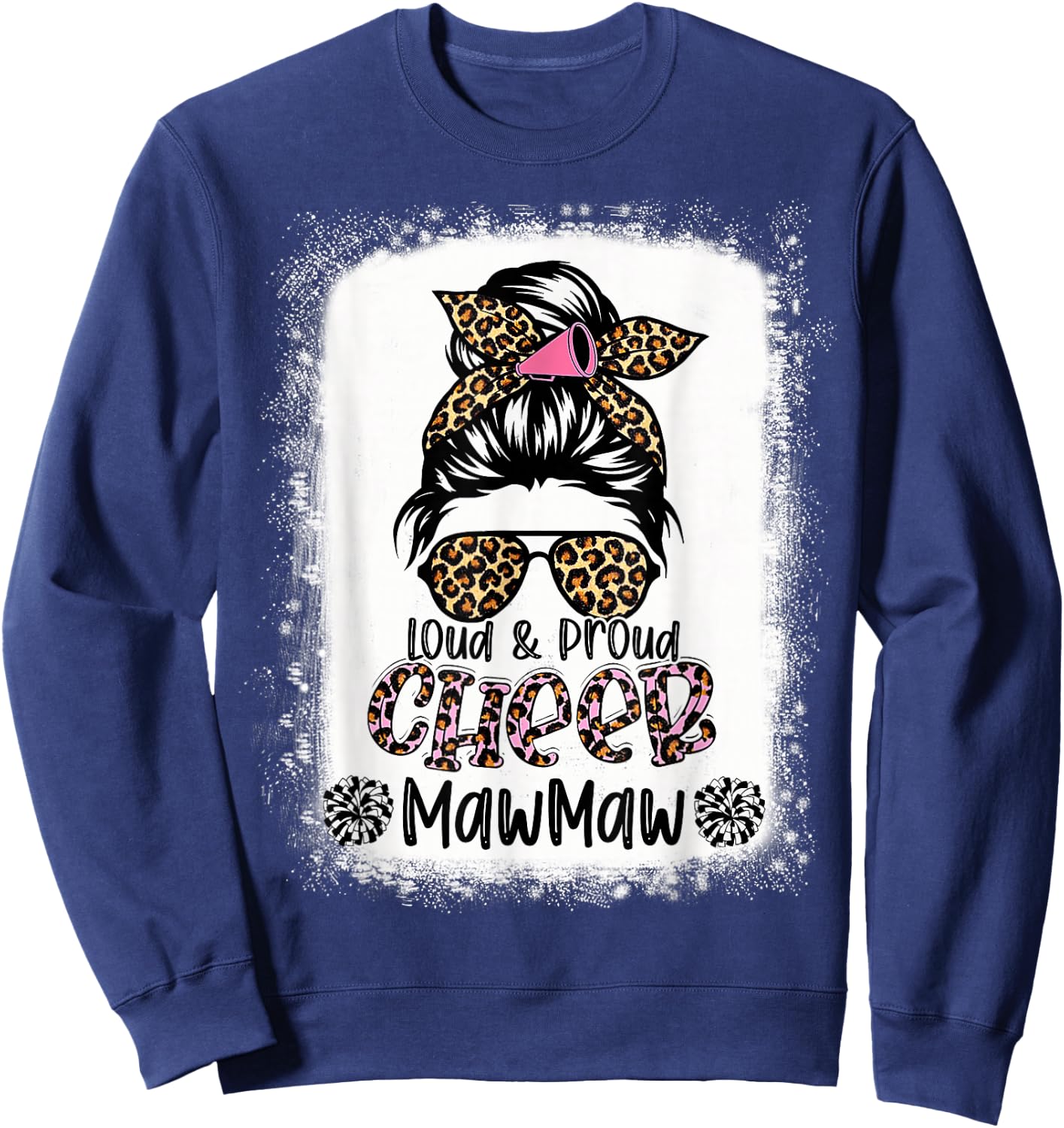 Loud And Proud Cheer Mawmaw Leopard Messy Bun Bleached Sweatshirt - Sweatshirt | Navy