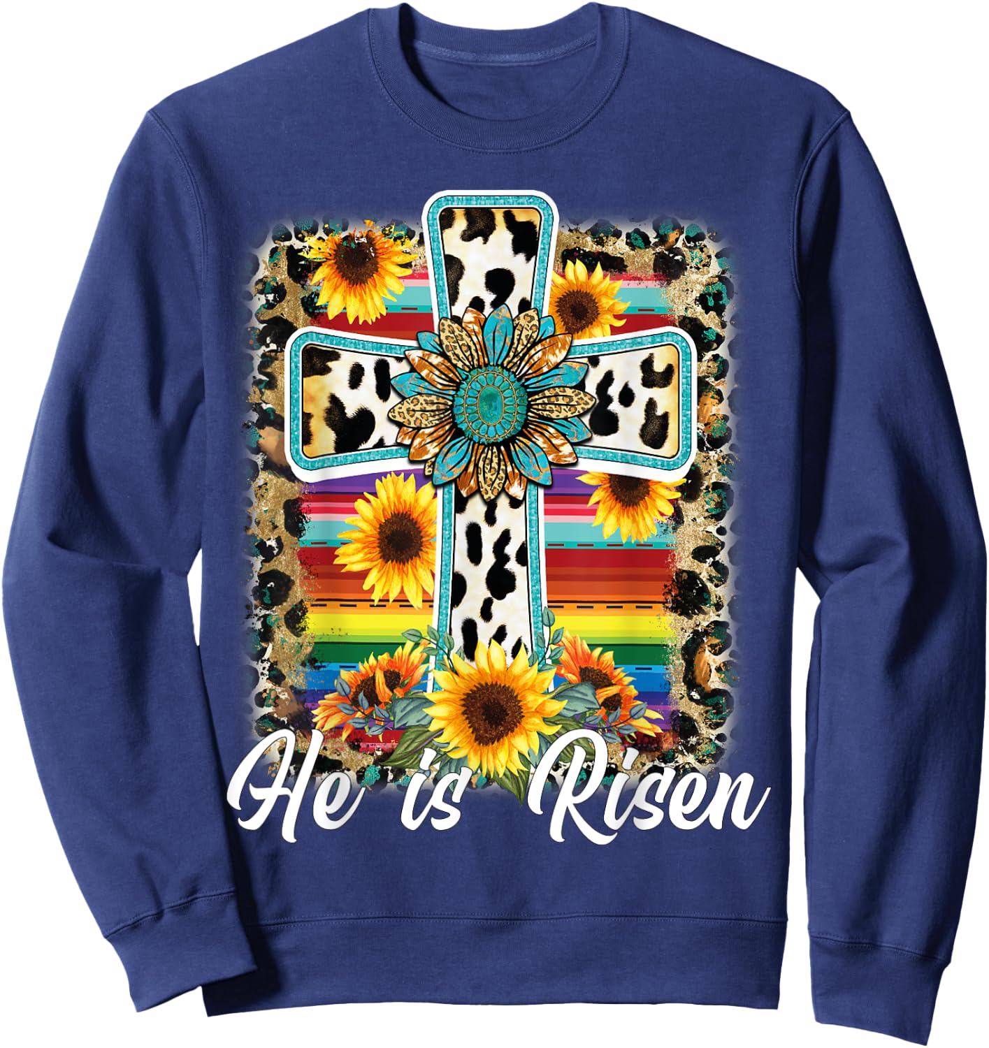 He is Risen Sunflower Leopard Cross Happy Easter Day Sweatshirt - Sweatshirt | Navy