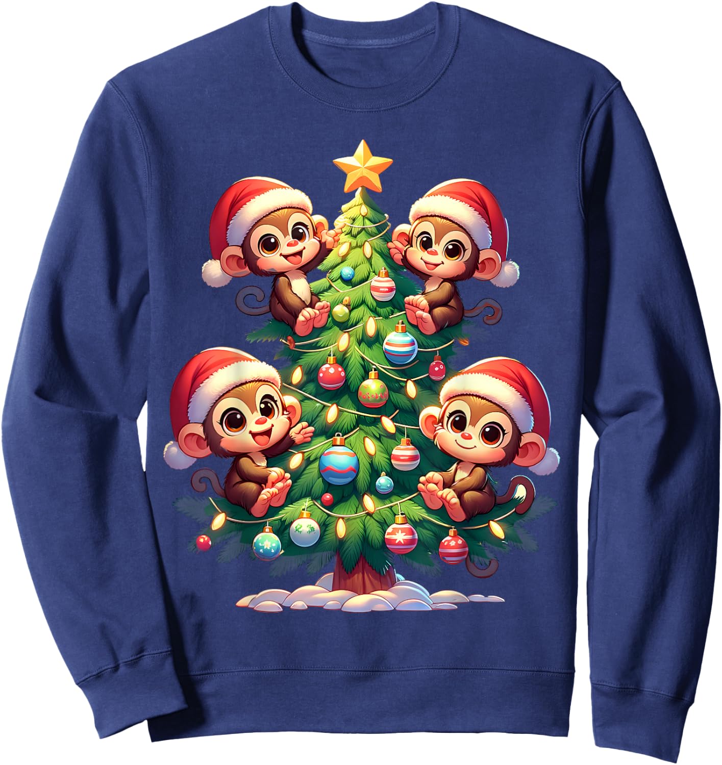 Kawaii Monkey Christmas Tree Cartoon Animals Primate Sweatshirt - Sweatshirt | Navy