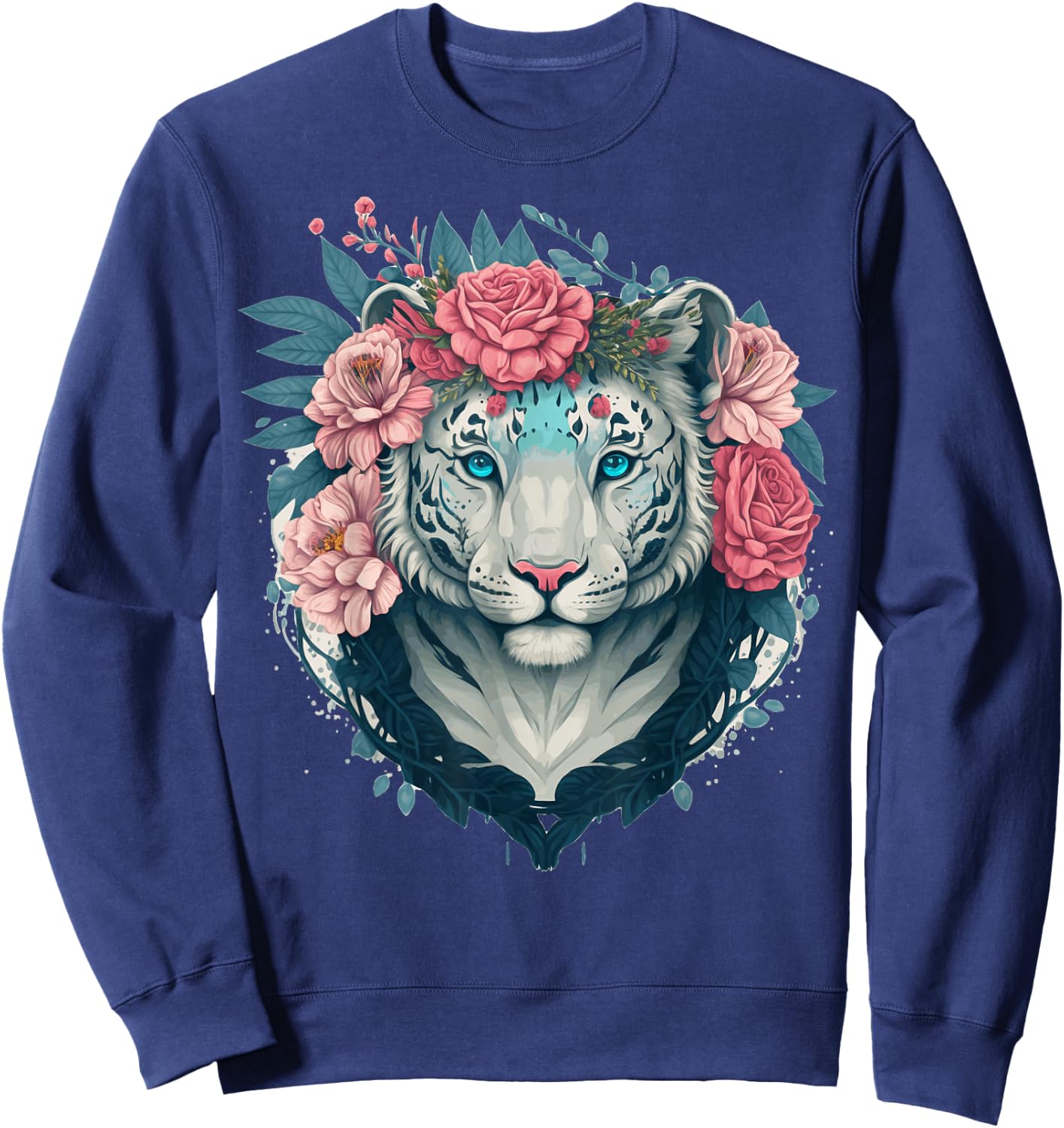 White Bengal Tiger Flower Crown Floral Animal Lovers Sweatshirt - Sweatshirt | Navy