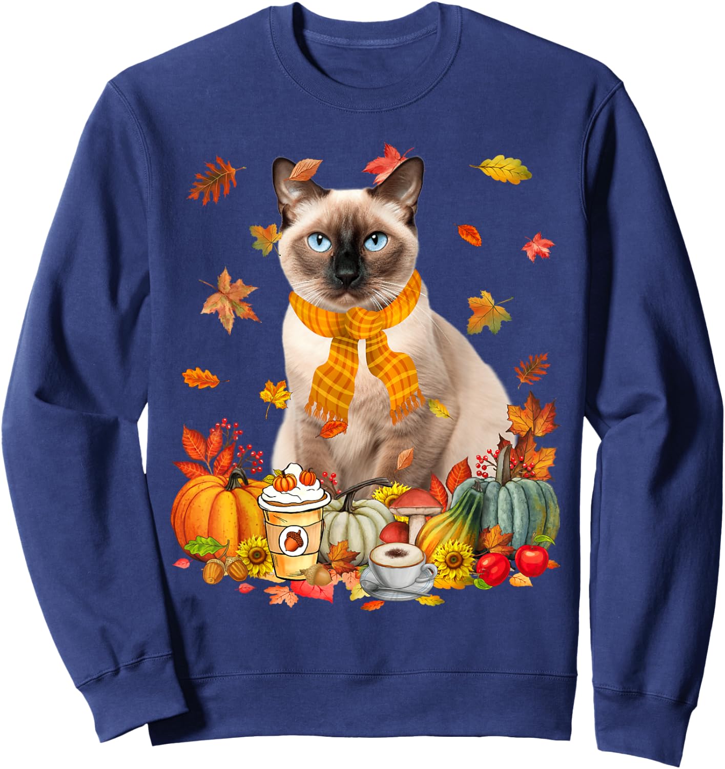 Cup Of Coffe & Siamese Cat Pumpkins Fall Vibes Thanksgiving Sweatshirt - Sweatshirt | Navy