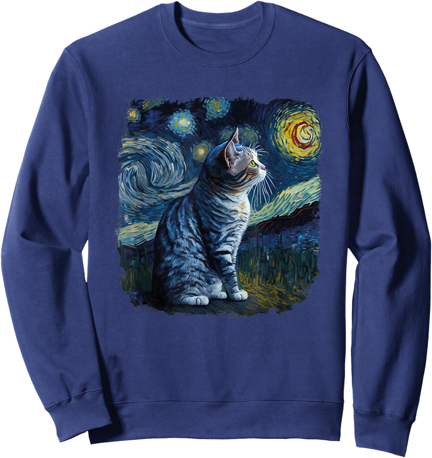 Funny Van Gogh Starry Night Cat American Shorthair Cat Lover Sweatshirt - Sweatshirt | Navy