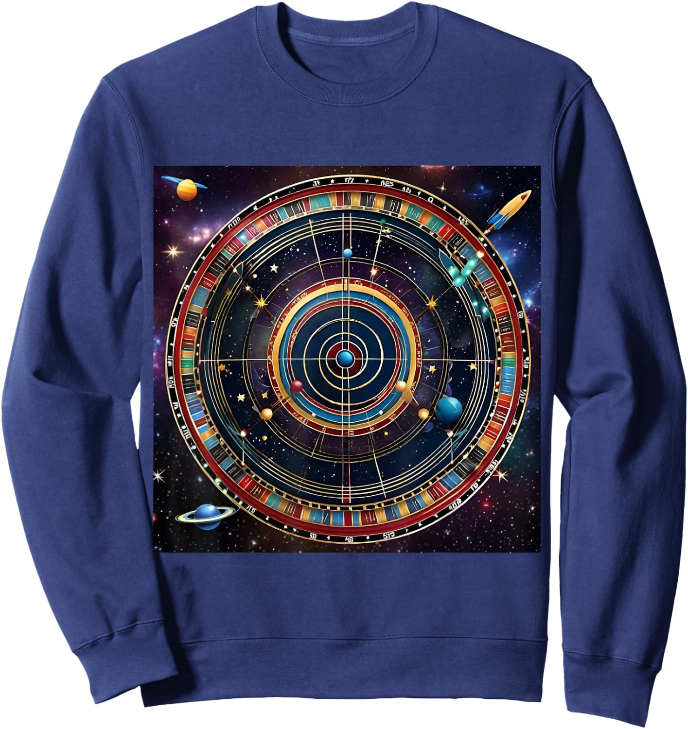 Bullseye Beyond -Adults Kids , Black, Small, Short Sleeve, Modern, Astrological, Sports, Professional, Themed- , Interstellar Challenge: Cosmic Dartboard Sweatshirt - Sweatshirt | Navy
