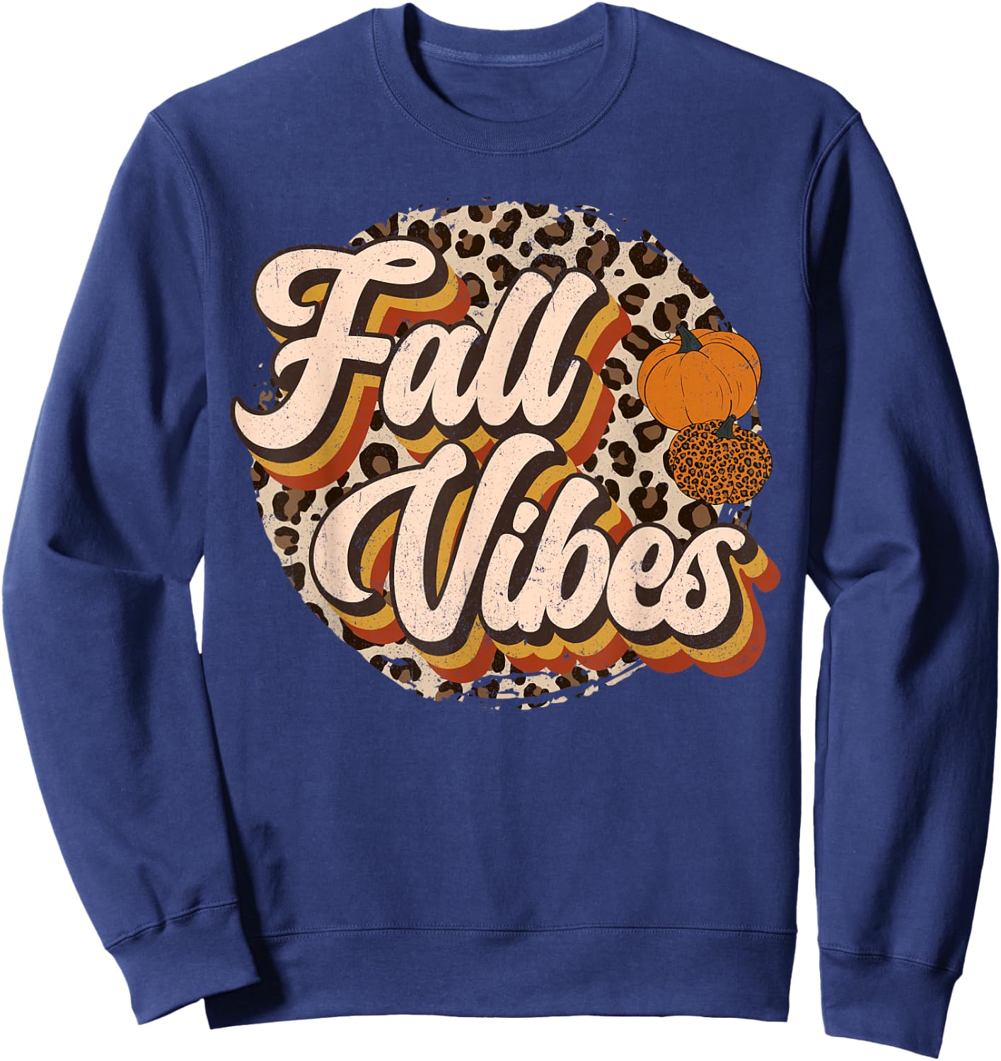 Vintage 70s Fall Vibes Leopard Pumpkin Season Retro Autumn Sweatshirt - Sweatshirt | Navy