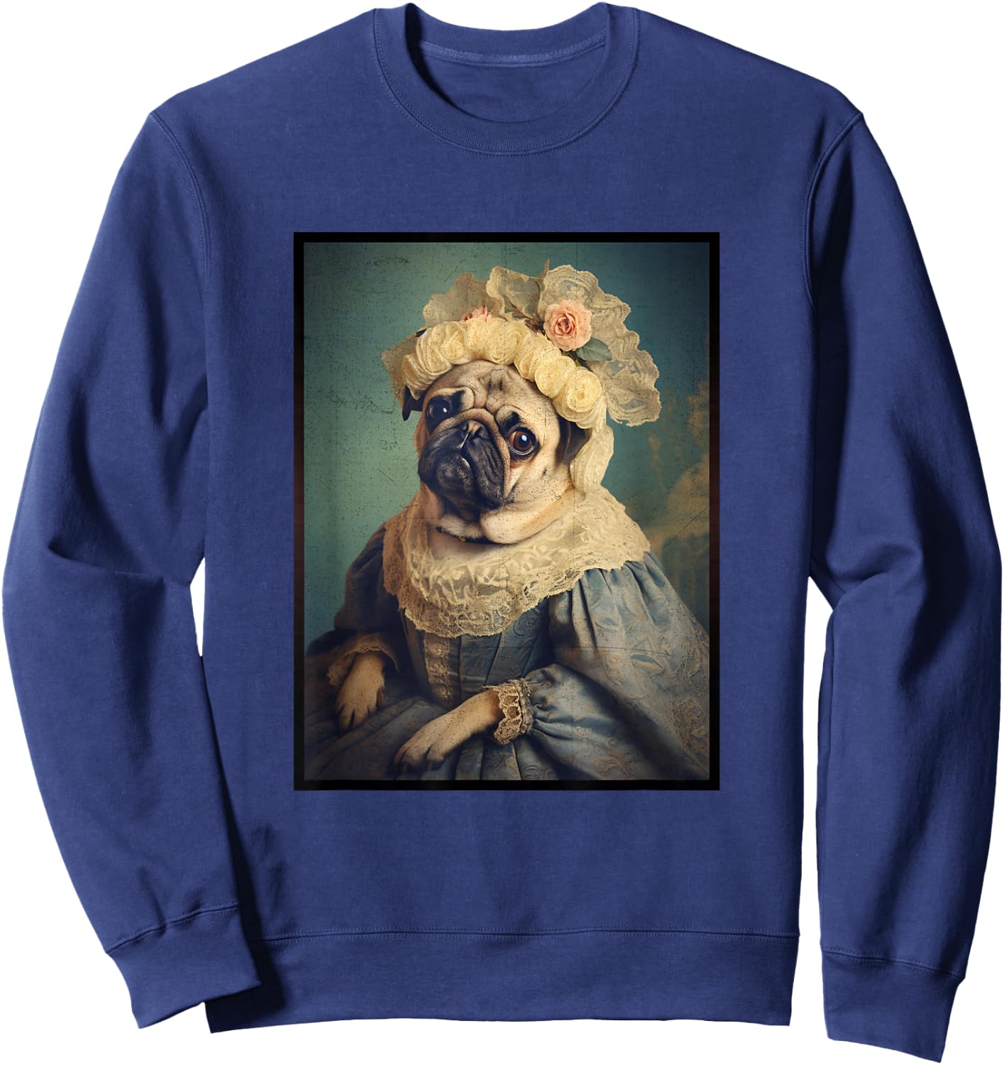 Pug Dog Portrait Renaissance Funny Pet Mom Dad Women Girls Kids Sweatshirt - Sweatshirt | Navy