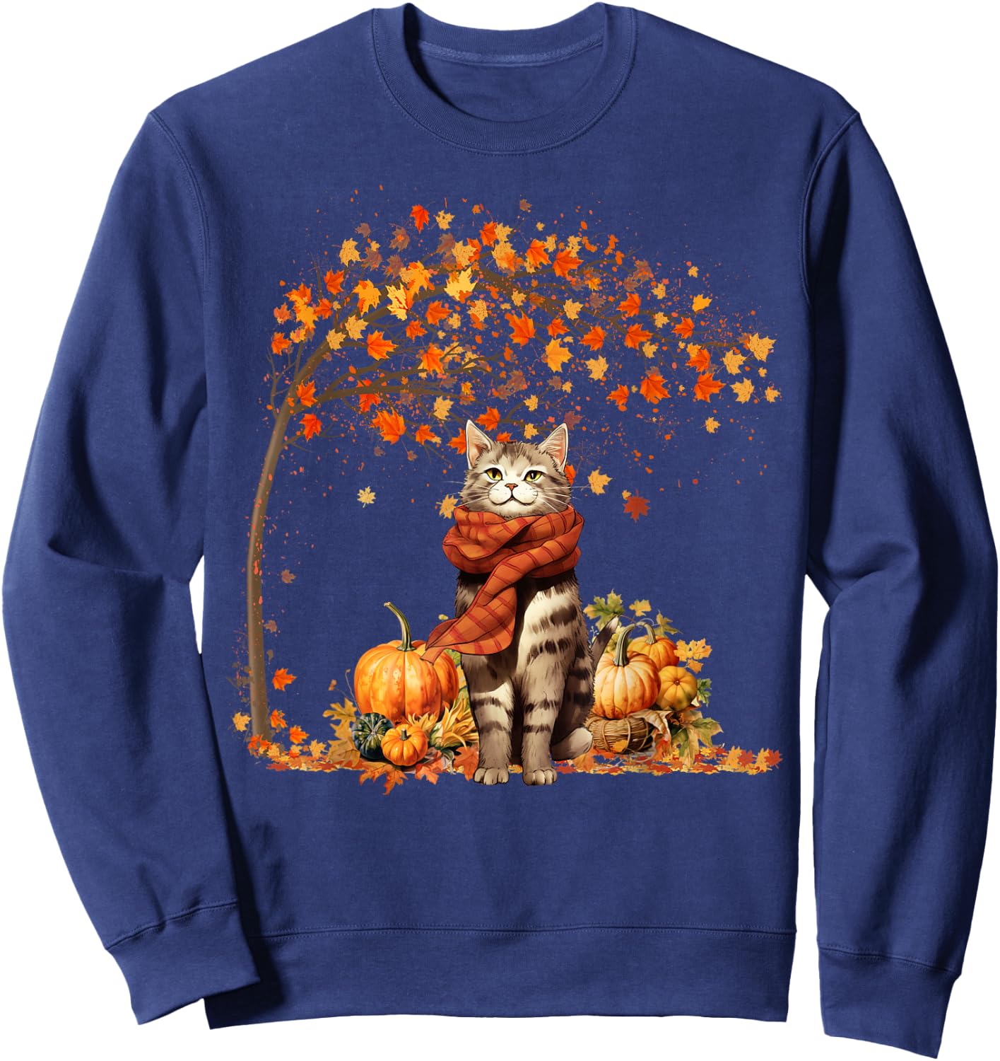 Cat Leaf Fall Hello Autumn Cat Kitten Lover Thanksgiving Sweatshirt - Sweatshirt | Navy