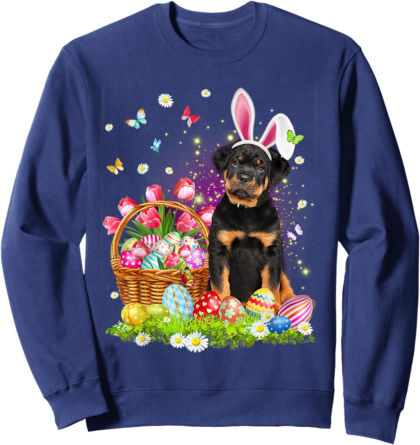 Funny Easter Bunny Rottweiler Dog Bunny Ear Egg Basket Women Kids Sweatshirt - Sweatshirt | Navy