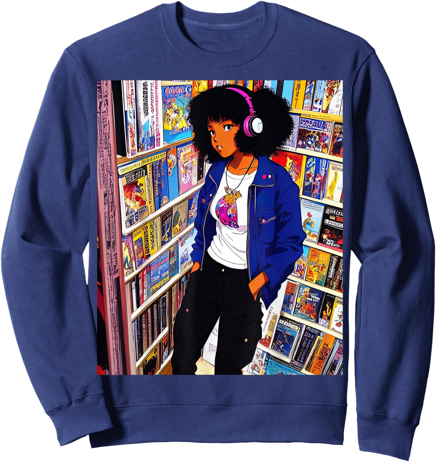 Black girl Lofi Music 90s Afro Retro Anime Cartoon Style Sweatshirt - Sweatshirt | Navy
