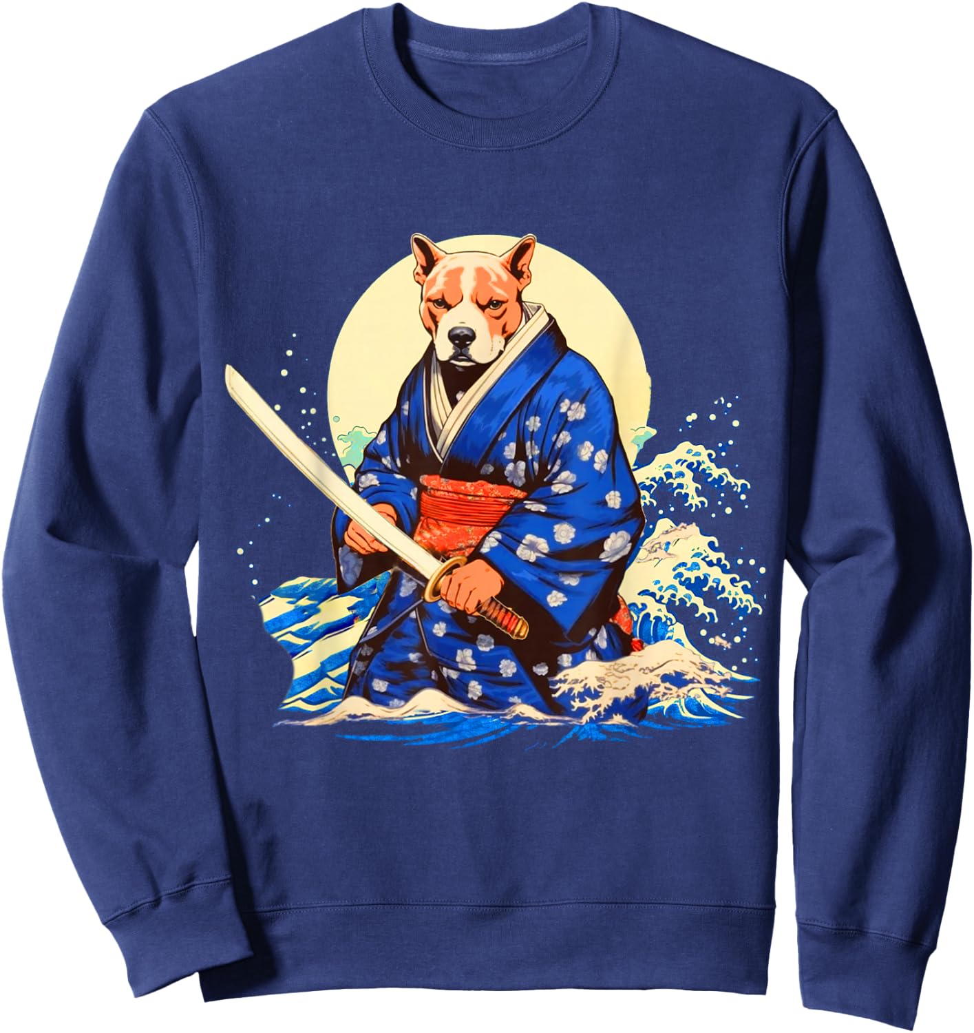 Funny Pitbull Dog Japanese Grand Wave Ukiyoe Art Ninja Cool Sweatshirt - Sweatshirt | Navy