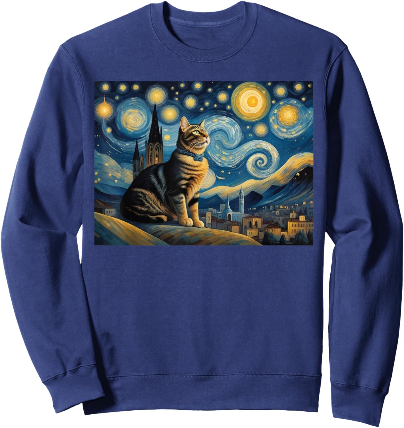 cute cat Painting art Starry Night kitty kitten Van Gogh Sweatshirt - Sweatshirt | Navy