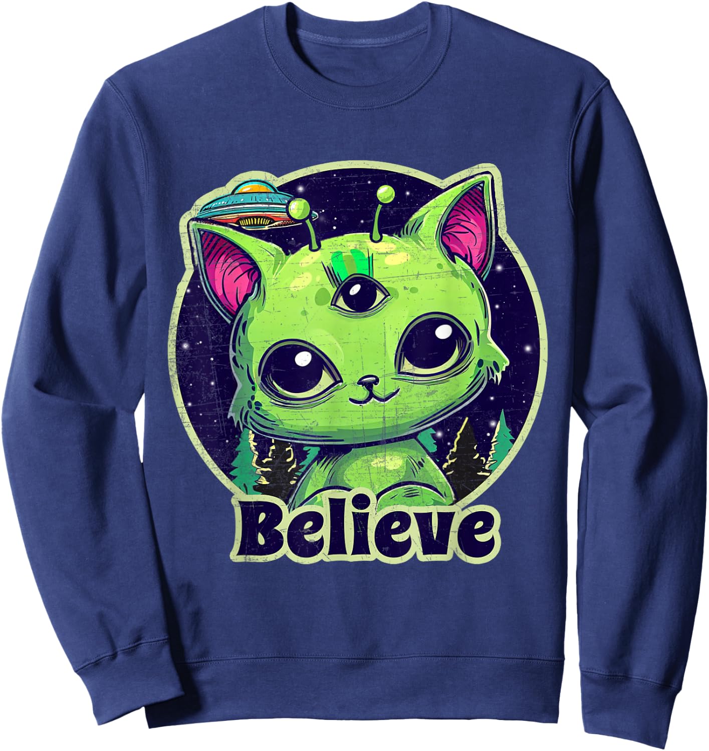 Cute Alien Cat Belive in UFO Kawaii Sweatshirt - Sweatshirt | Navy