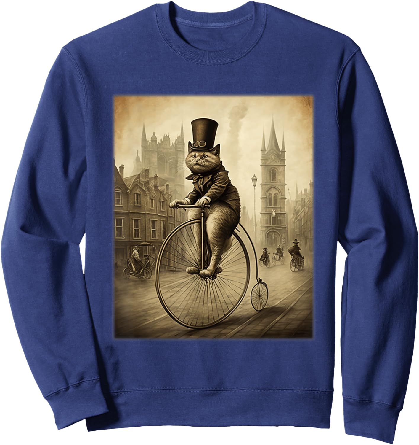 Funny Cat Top Hat Riding Penny Farthing Bicycle Cute Vintage Women Kids Sweatshirt - Sweatshirt | Navy