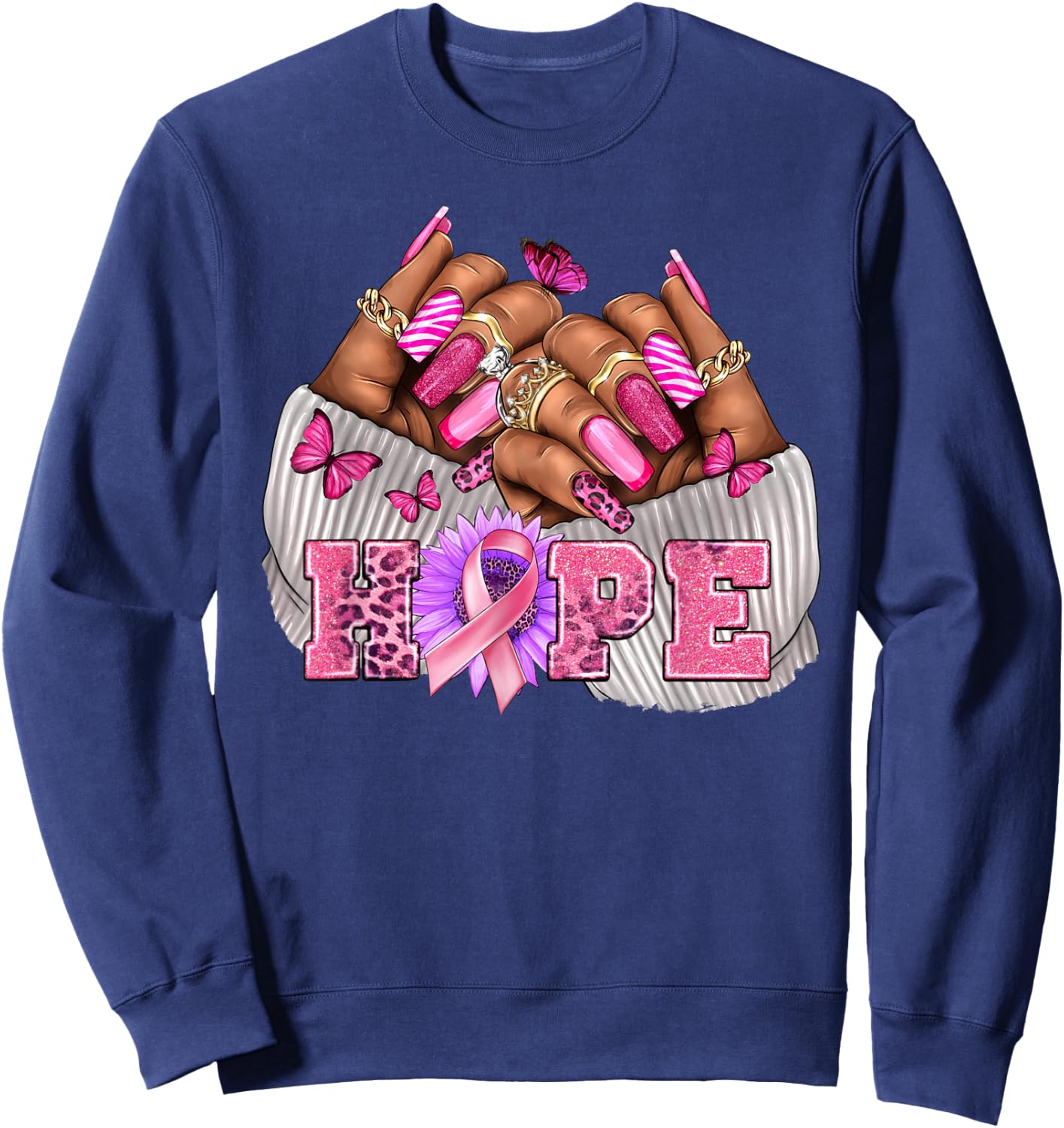 Black Woman Breast Cancer Nails Black Queen October HOPE Sweatshirt - Sweatshirt | Navy
