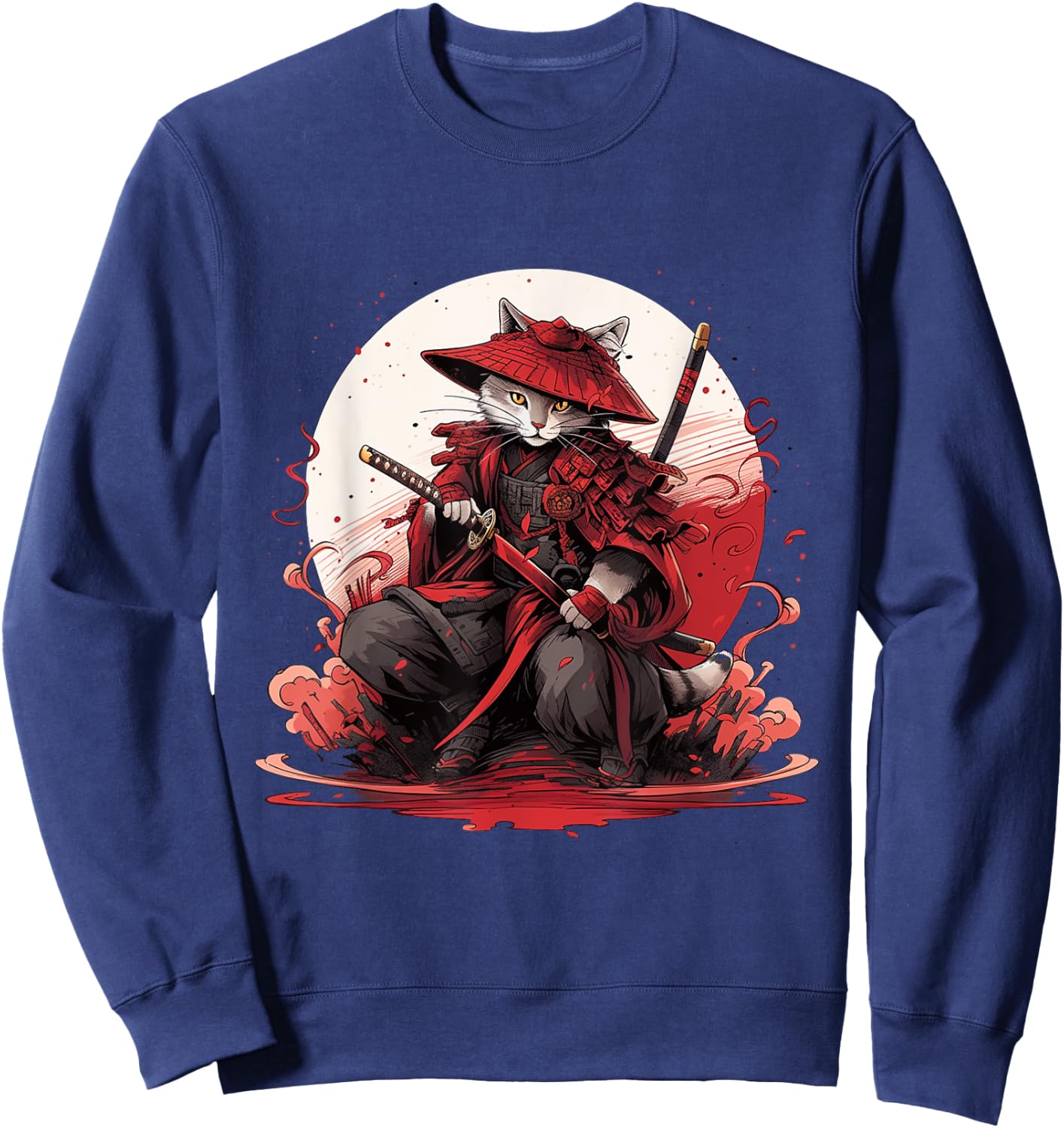 Japanese Art Cat Ninja Ukiyo-e Anime Style Samurai Cat Women Girls Kids Sweatshirt - Sweatshirt | Navy