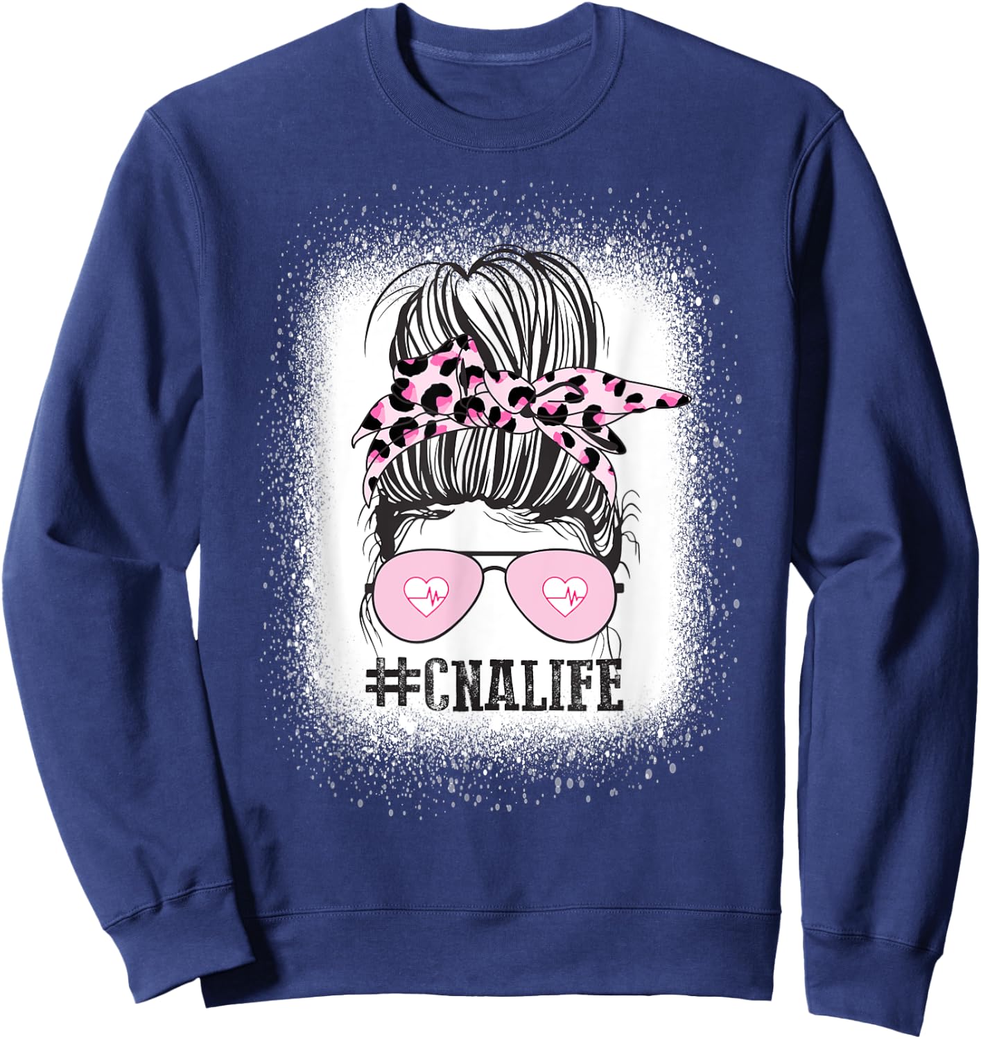 CNA Nurse Life Shirt, Bleached Messy Bun Nurse Leopard Sweatshirt - Sweatshirt | Navy