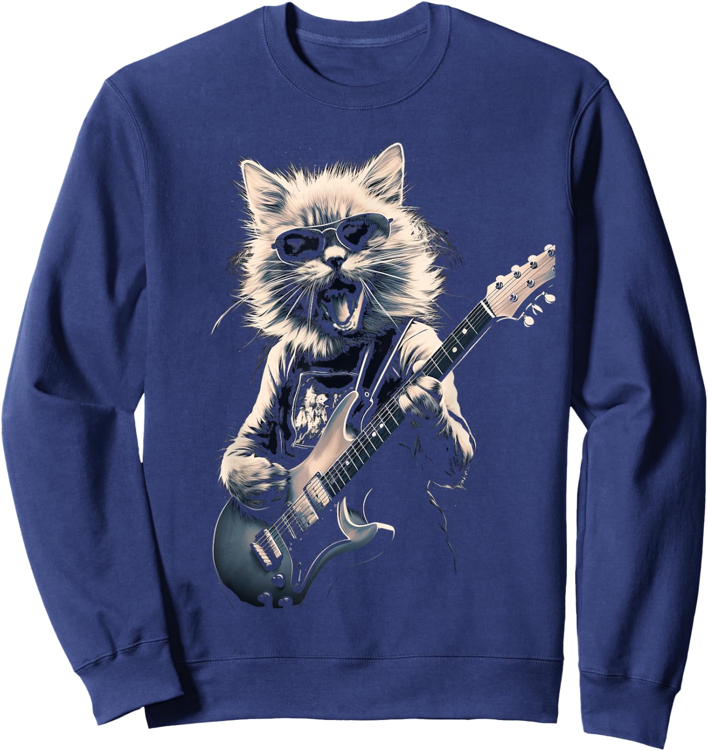 Cat Playing Bass Guitar Guitarist Rocker Cool Sweatshirt - Sweatshirt | Navy