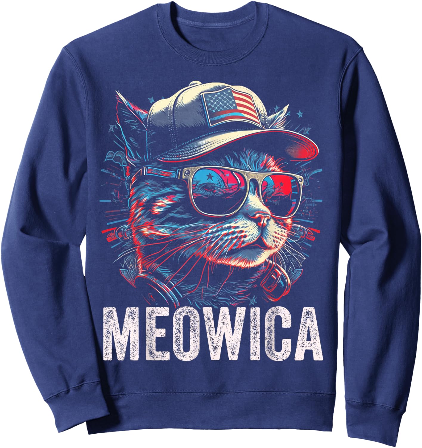 Meowica 4th of July Cat American Flag America USA Funny Sweatshirt - Sweatshirt | Navy