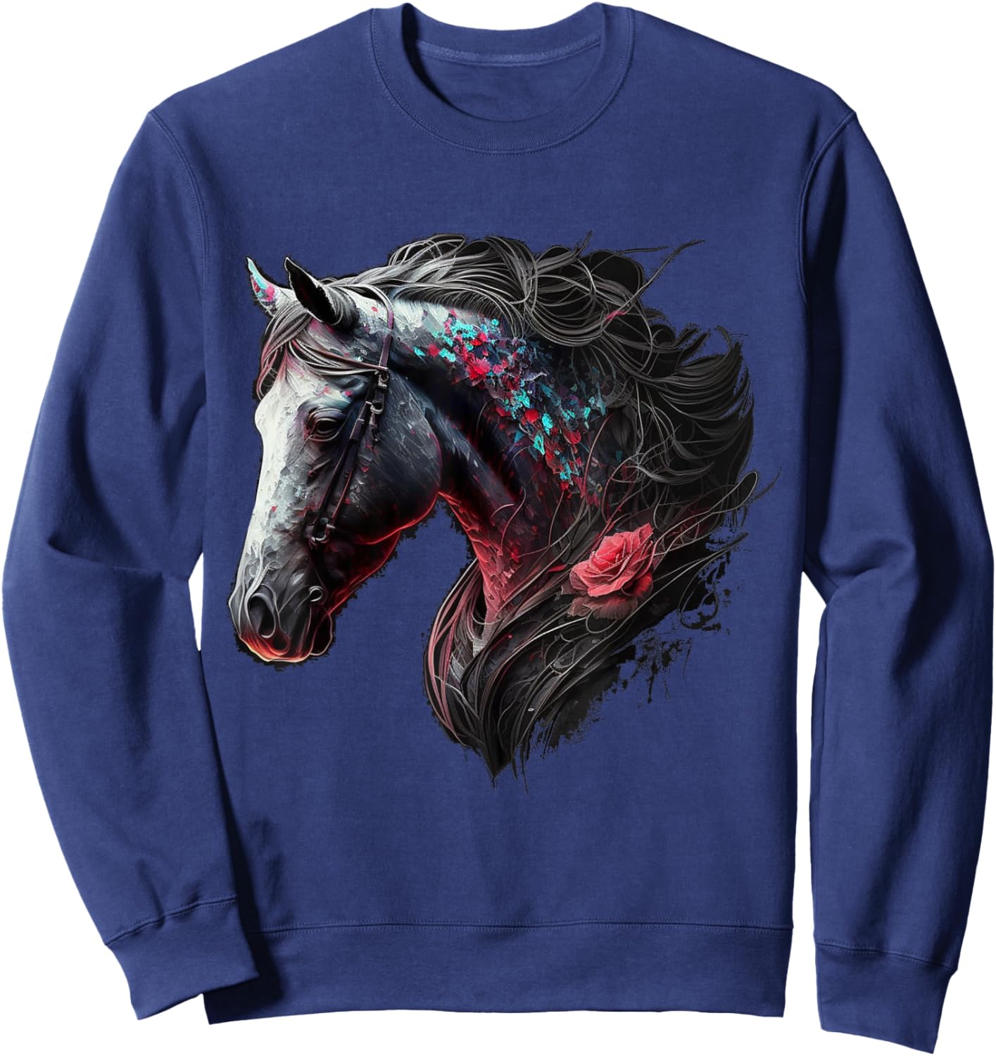 Horse Colourful Flowers Art Animal Print Horse Motif Sweatshirt - Sweatshirt | Navy