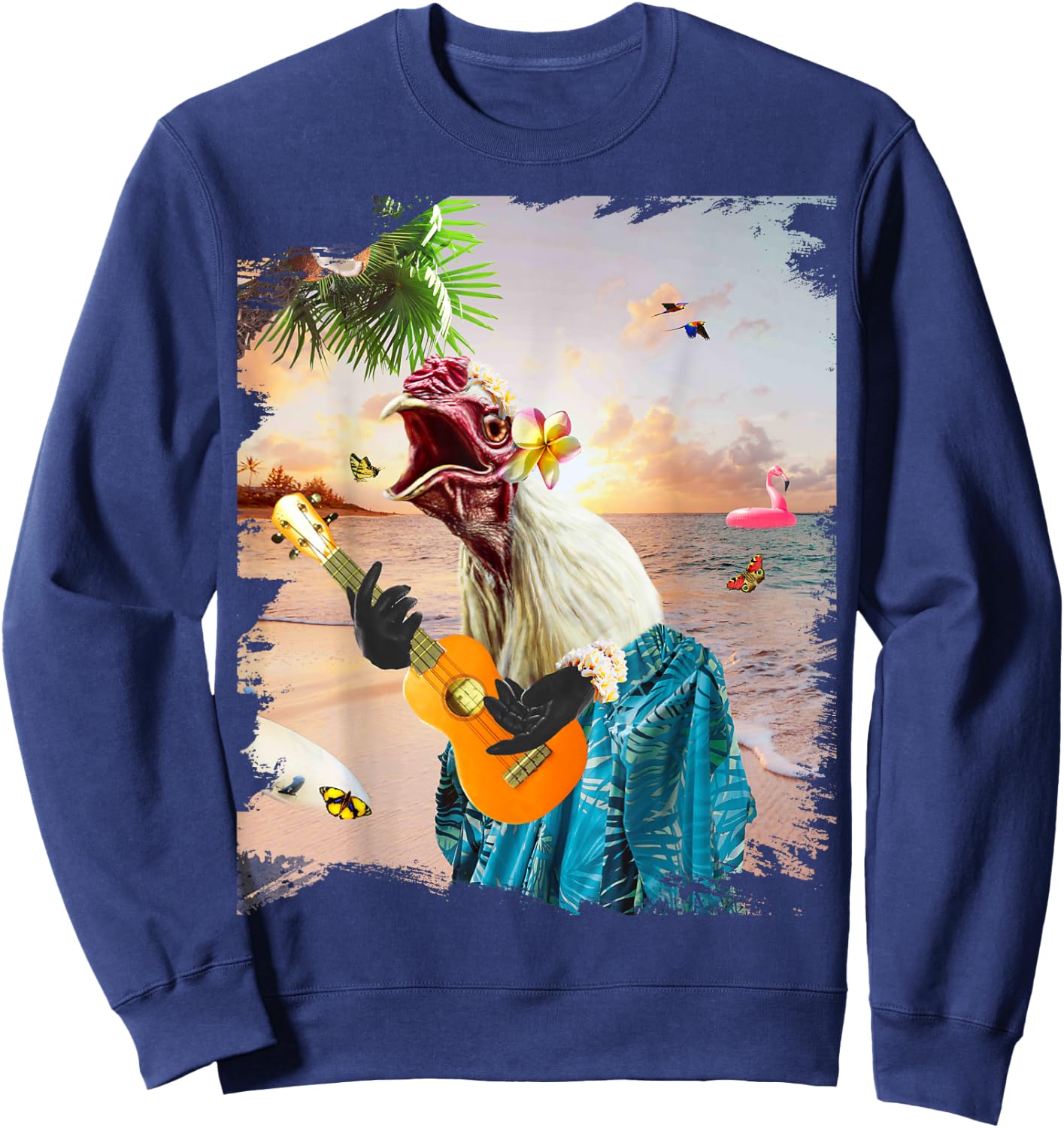 Aloha Hawaiian Chicken Playing Ukulele Beach Funny Sweatshirt - Sweatshirt | Navy