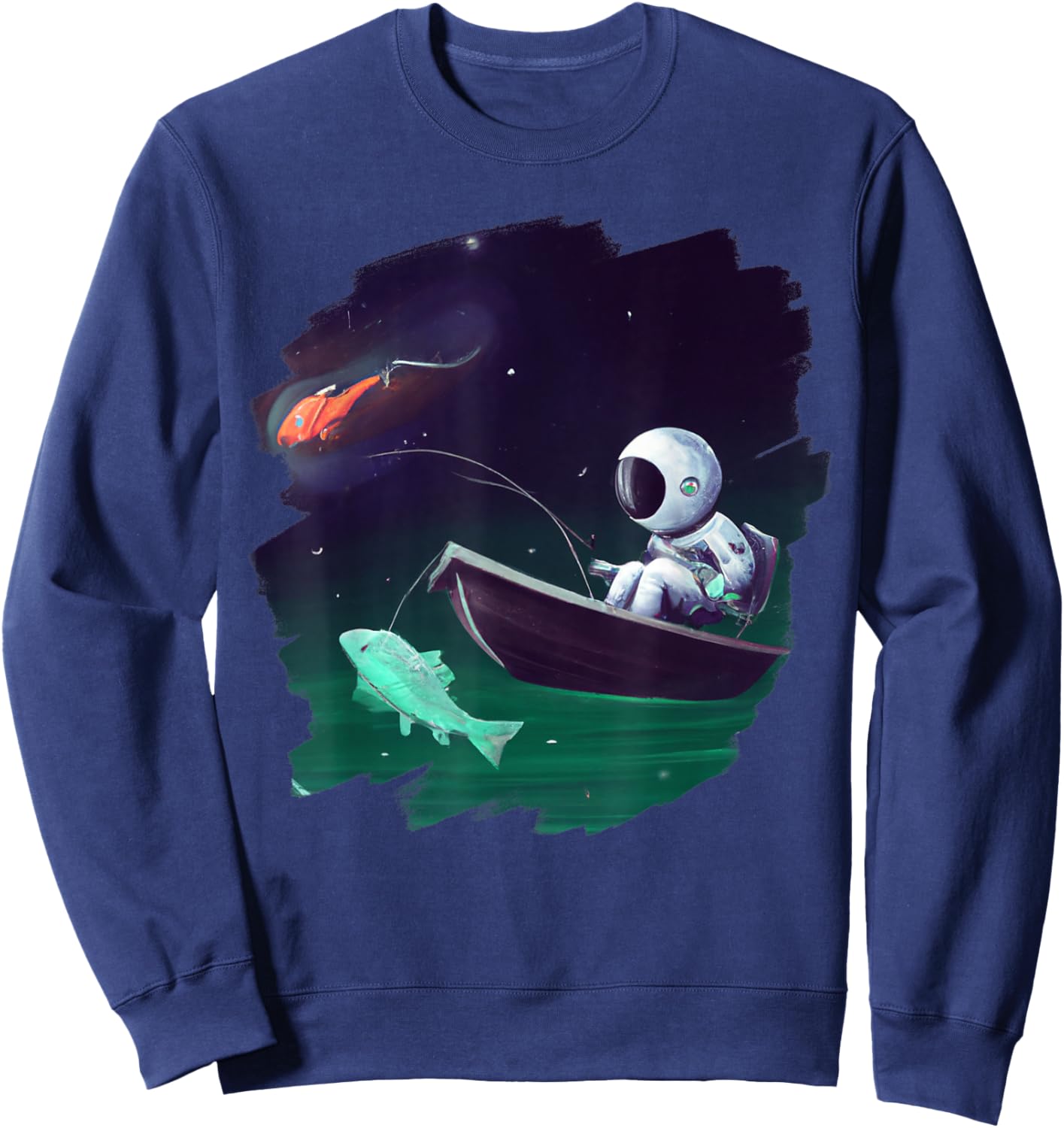 Astronaut Fishing Boat Space Ocean Lake Cool Fish Artistic Sweatshirt - Sweatshirt | Navy