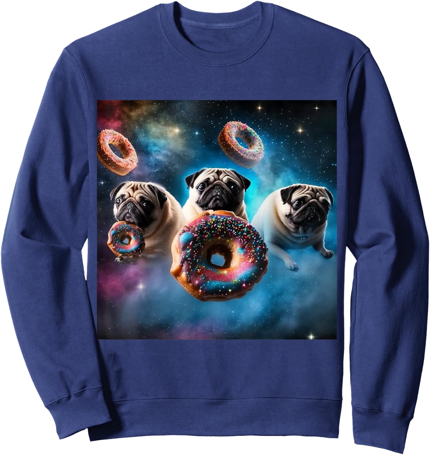Pugs in Space with Donuts Cute Pug Boys Girls Men Women Sweatshirt - Sweatshirt | Navy