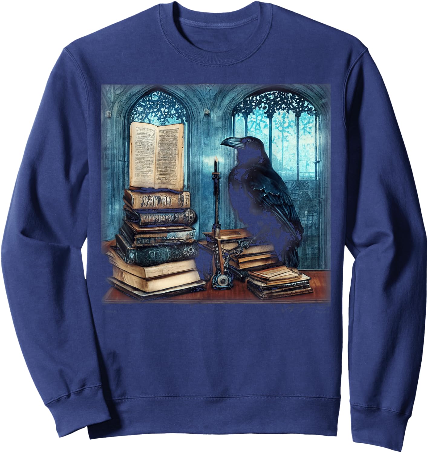 Gothic Art Raven Sitting On A Stack of Old Books Sweatshirt - Sweatshirt | Navy
