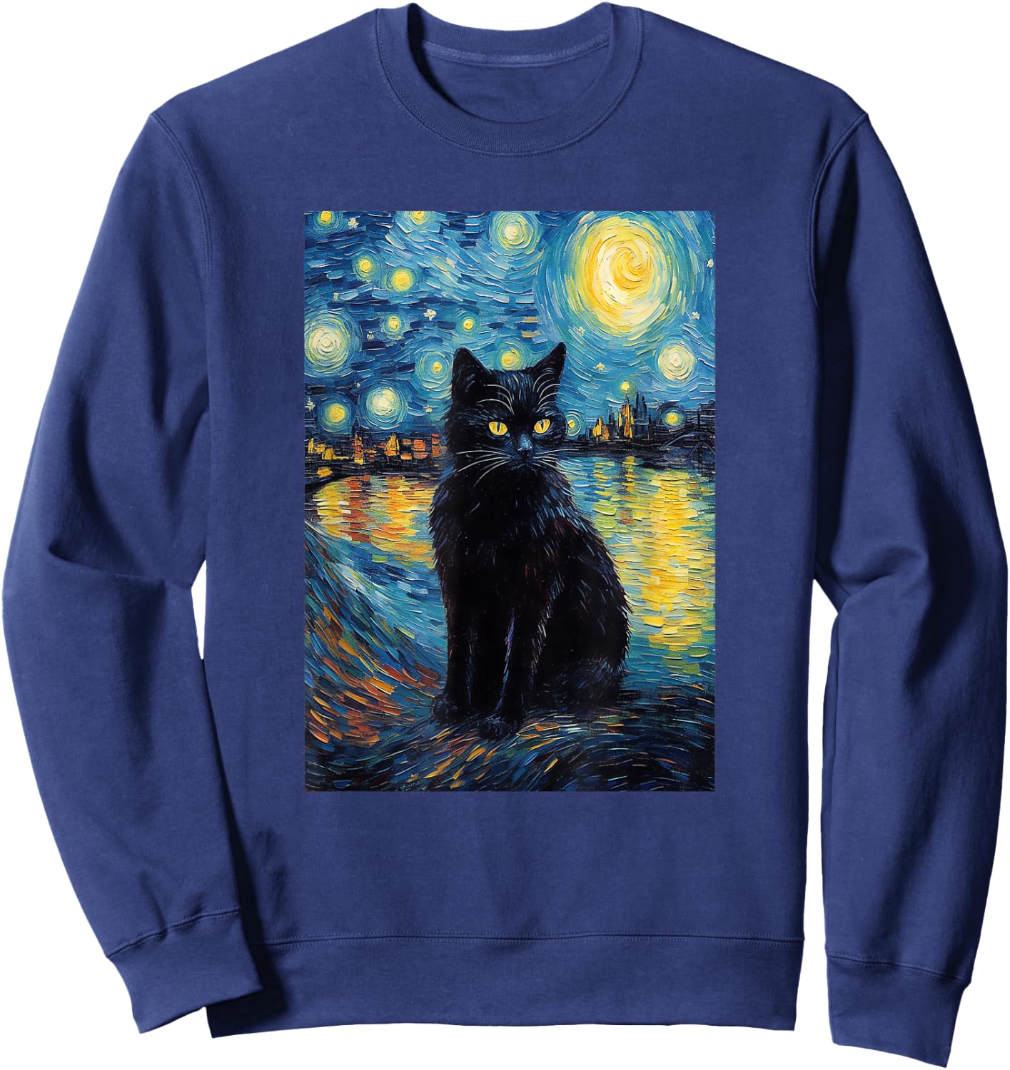 black cat Painting art Starry Night kitty kitten Van Gogh Sweatshirt - Sweatshirt | Navy