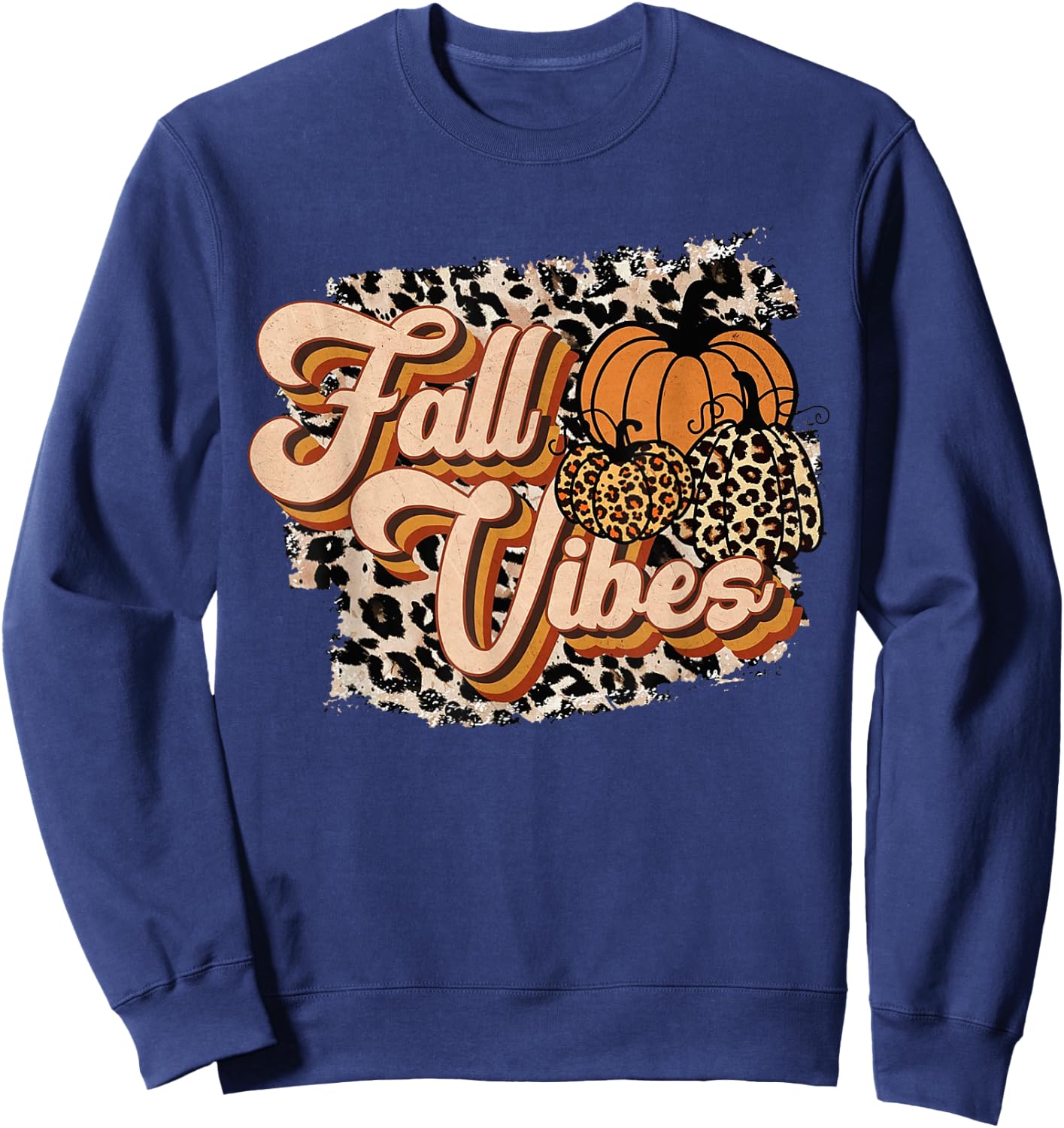 Fall Vibes Leopard Groovy Thanksgiving Autumn Girl Sweatshirt - Sweatshirt | Navy
