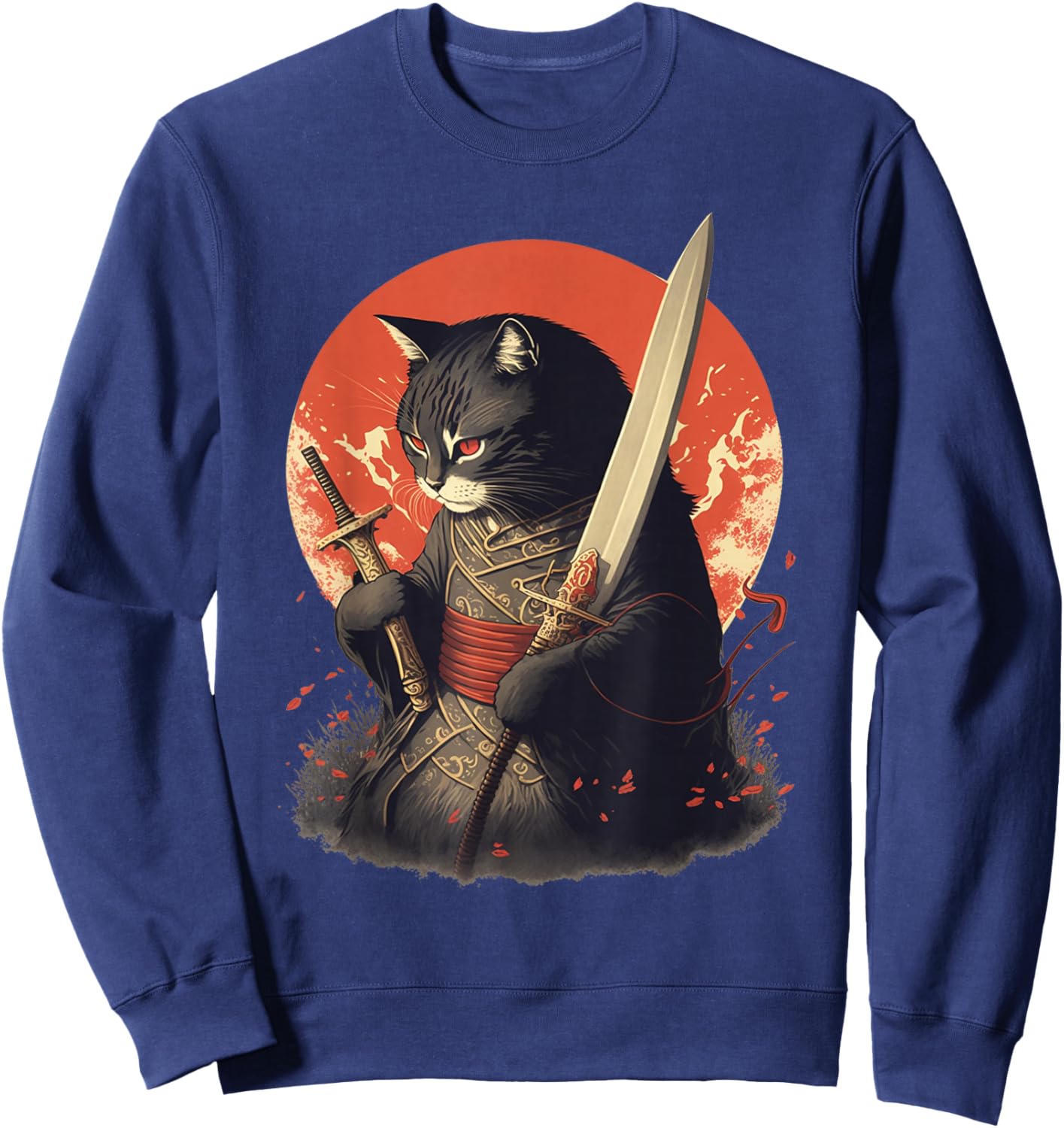 Retro Japanese Samurai Ninja Cat Kawaii Tattoo Graphic Style Sweatshirt - Sweatshirt | Navy