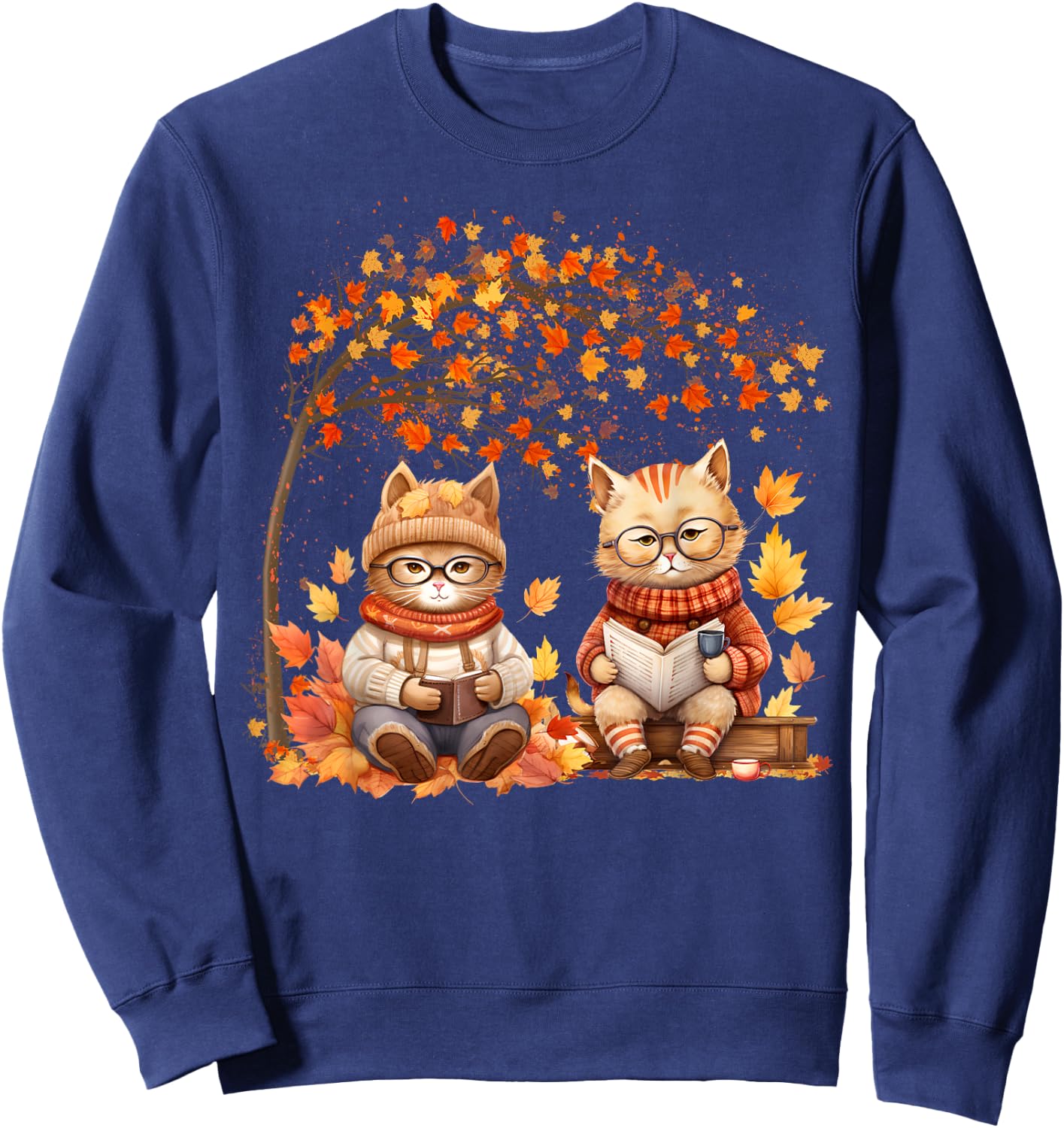 Cat Leaf Fall Hello Autumn Cat Kitten Lover Thanksgiving Men Women Kids Sweatshirt - Sweatshirt | Navy