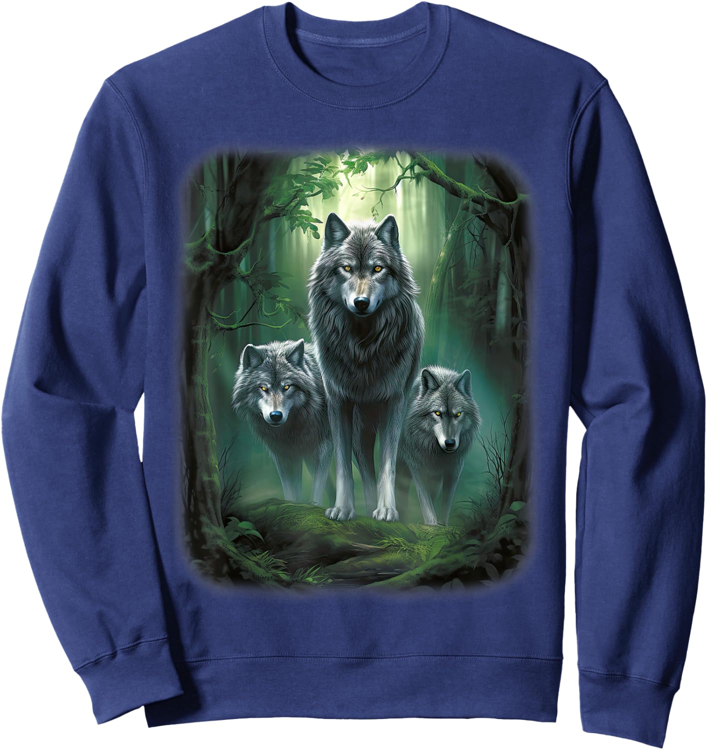 Wolf Wolves in Forest by Night Moon Fantasy Art Wildlife Sweatshirt - Sweatshirt | Navy