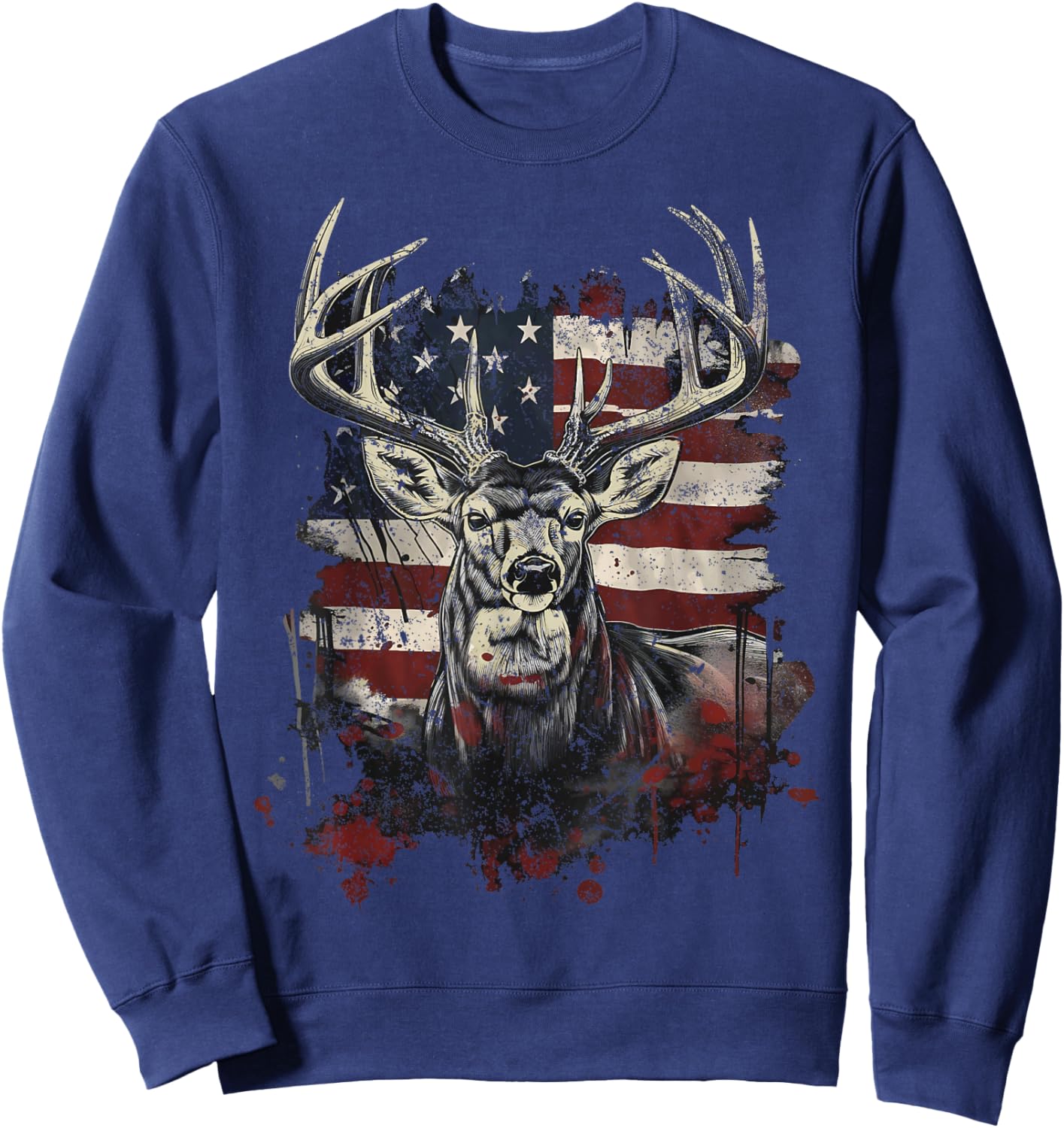Buck White Tail Deer Hunting Hunter Distressed American Flag Sweatshirt - Sweatshirt | Navy
