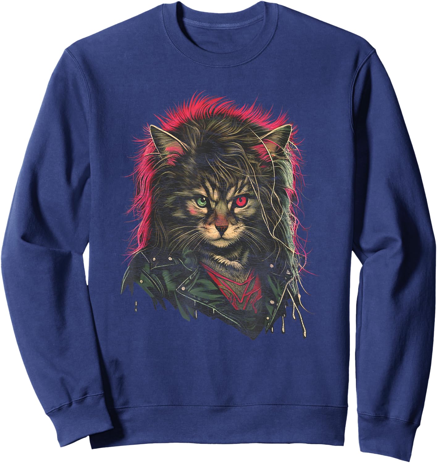 Heavy Metal Hair Glam Cat Retro Distressed 80s Men Women Sweatshirt - Sweatshirt | Navy