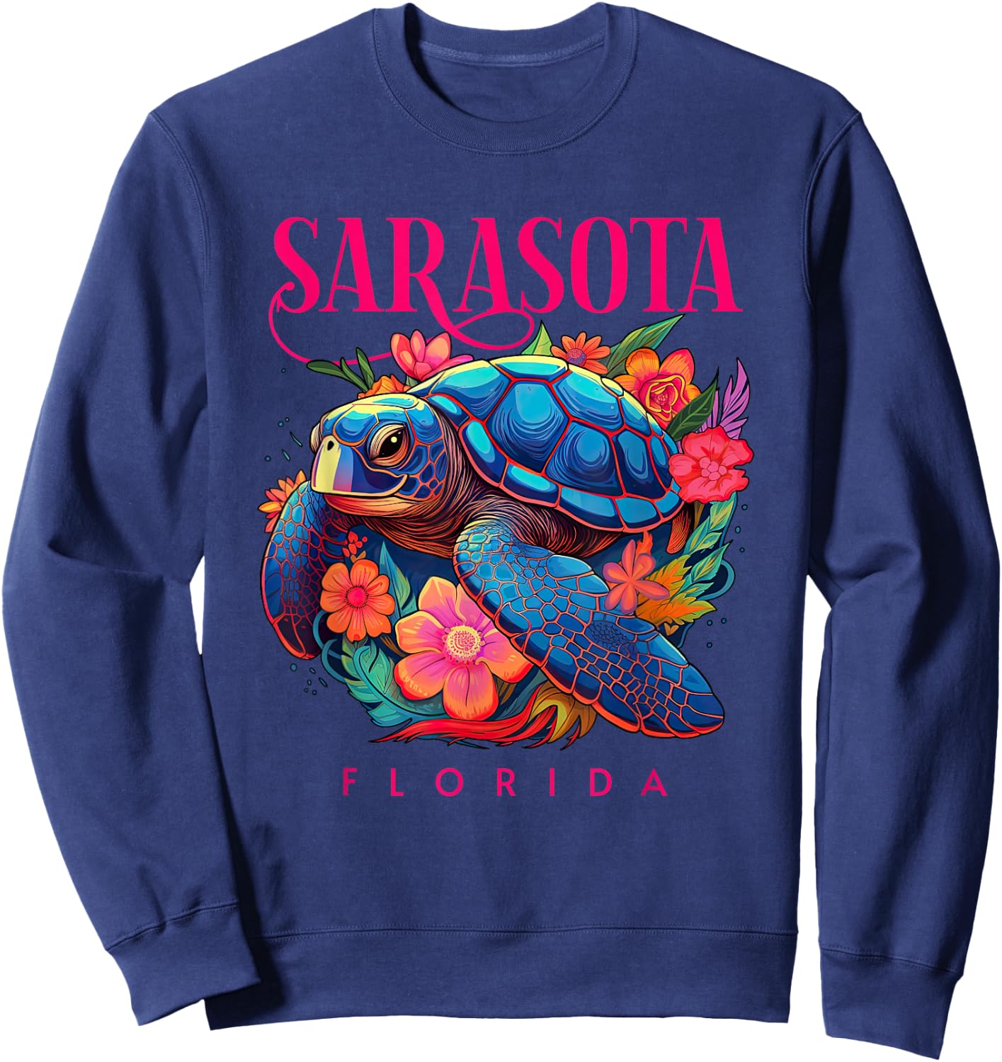 Sarasota Florida Floral Beach Turtle Souvenir Sweatshirt - Sweatshirt | Navy