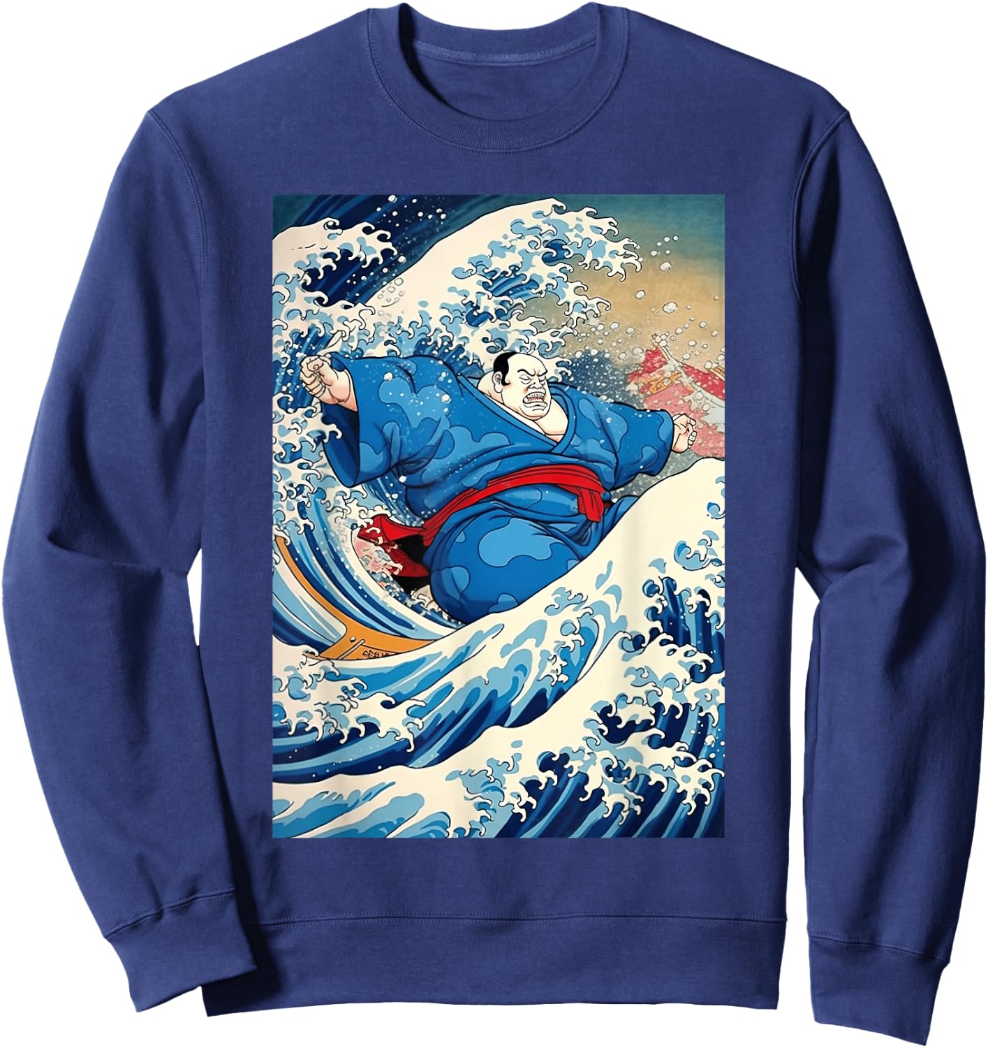 Funny Kanagawa Great Wave with Sumo Wrestler Surfing Sweatshirt - Sweatshirt | Navy
