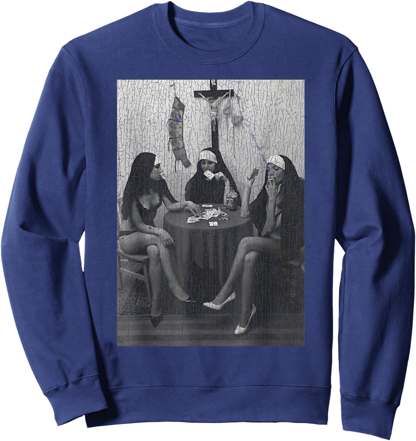 Vintage Nuns Naked Playing Card Smoking Sweatshirt - Sweatshirt | Navy