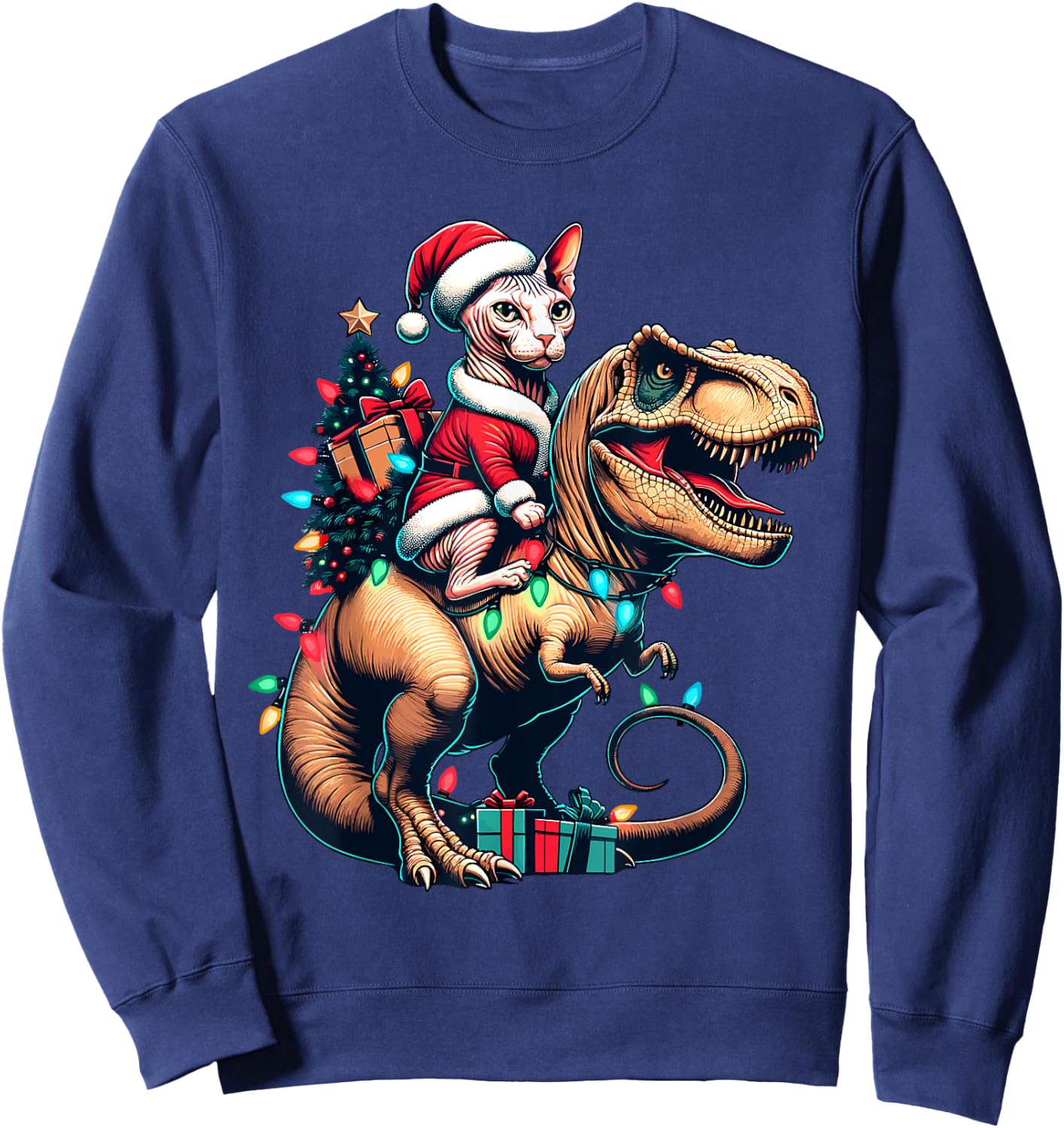 Funny Sphynx Cat Rides Santa T-Rex Vintage Christmas Sphynx Women Kids Sweatshirt - Sweatshirt | Navy